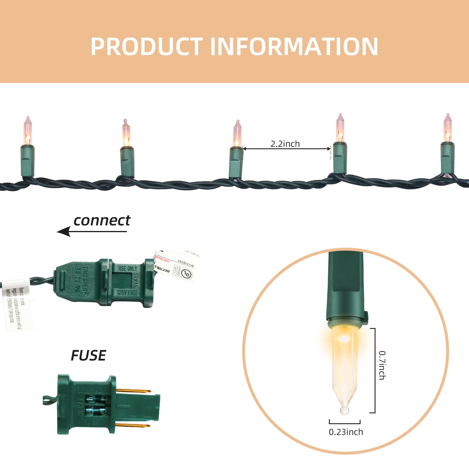 Xmashome 19.6Ft Green Wire Clear String Lights, 100 Count Incandescent Christmas Lights, (Clear, 100 Lights)