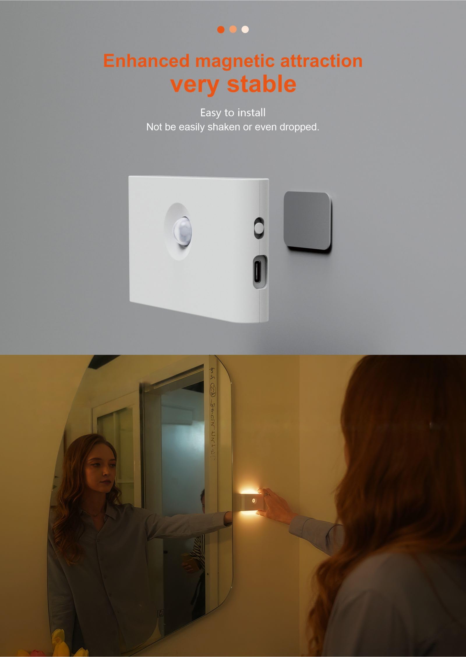 EITJFAP Motion Sensor Night Light with Dusk to Dawn Sensor, Rechargeable, 3000K Warm White Side Illuminated Step Lights for Bedr