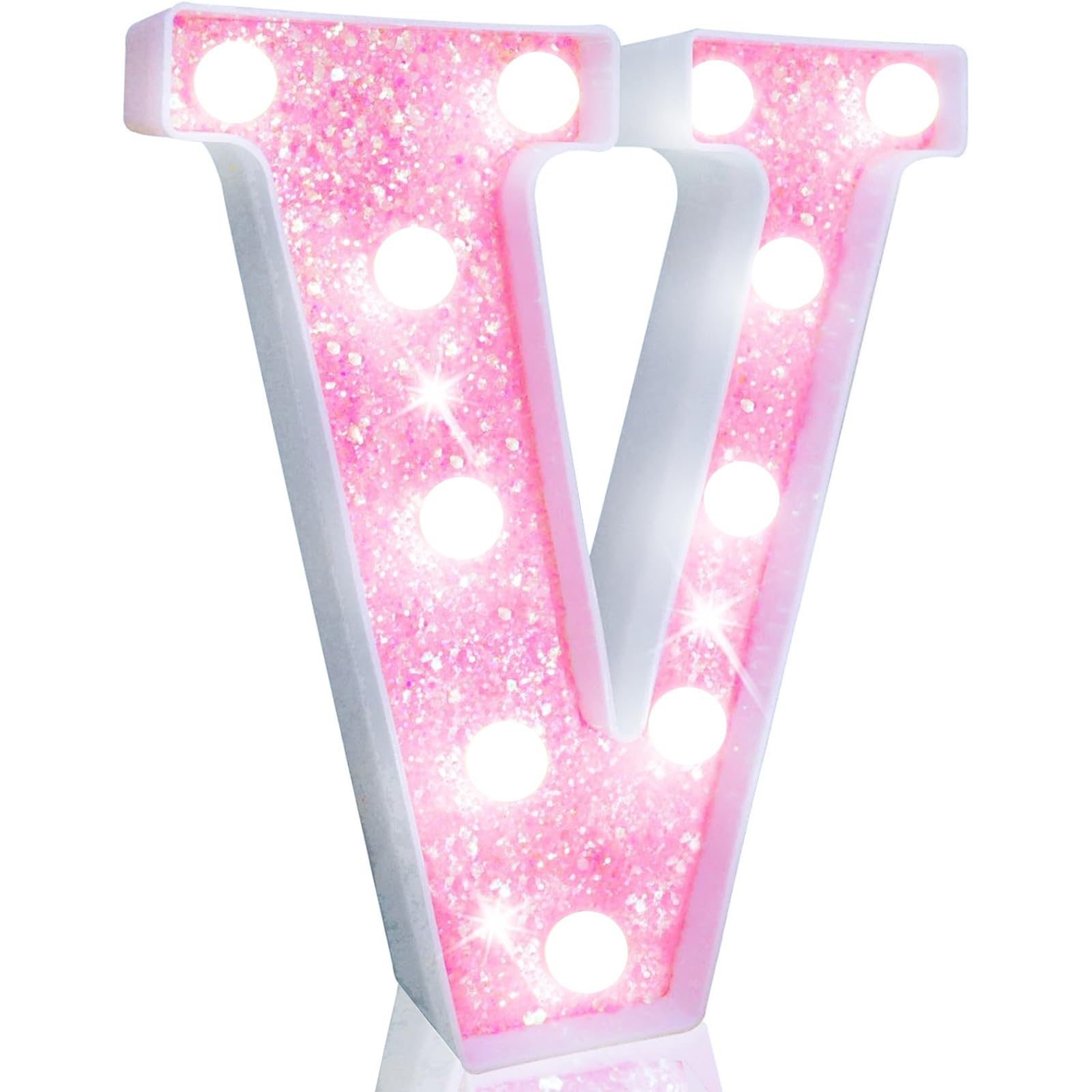 Pooqla Led Marquee Letter Lights  Light Up Pink Letters Glitter Letter Sign For Girls Gifts  Battery Powered For Night Light Birthday Party Wedding Home Bar Christmas Decoration  Cool White Pink V