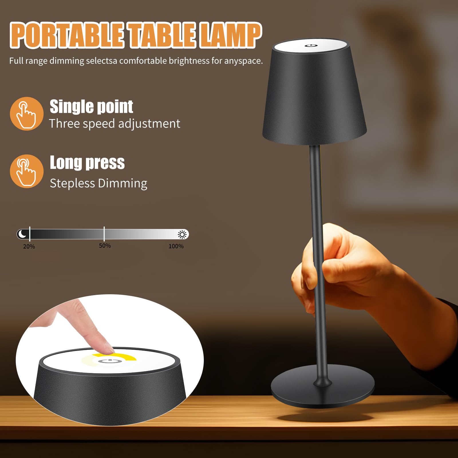 Zoeger Cordless Table Lamp, Portable LED, 6000mAh Battery, 3 Color Dimming, Black, Model DD2BLACK