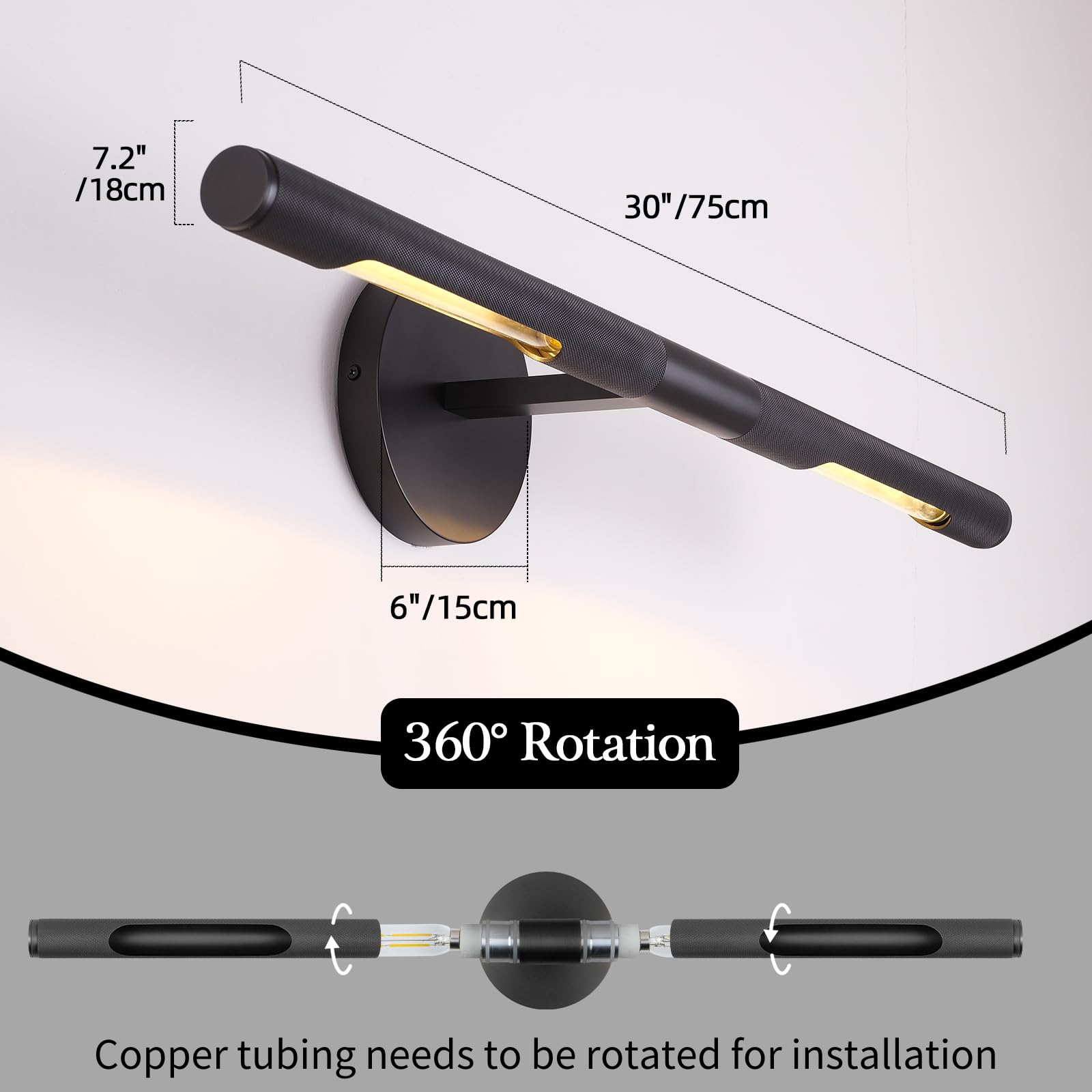Knurldon 30" Dimmable Black Brass Knurled Picture Light, Rotatable Wall Sconce, Model 2023101202