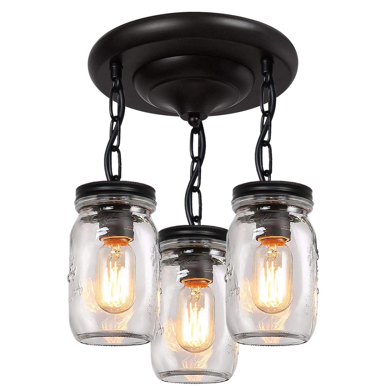 Jasopaco Glass Mason Jar Light Fixtures, 3-Lights Pendant Ceiling Lights Flush Mount - Black Country Farmhouse Lights For Kitchen Dining Room Foyer Stairway Hallway Entryway Porch