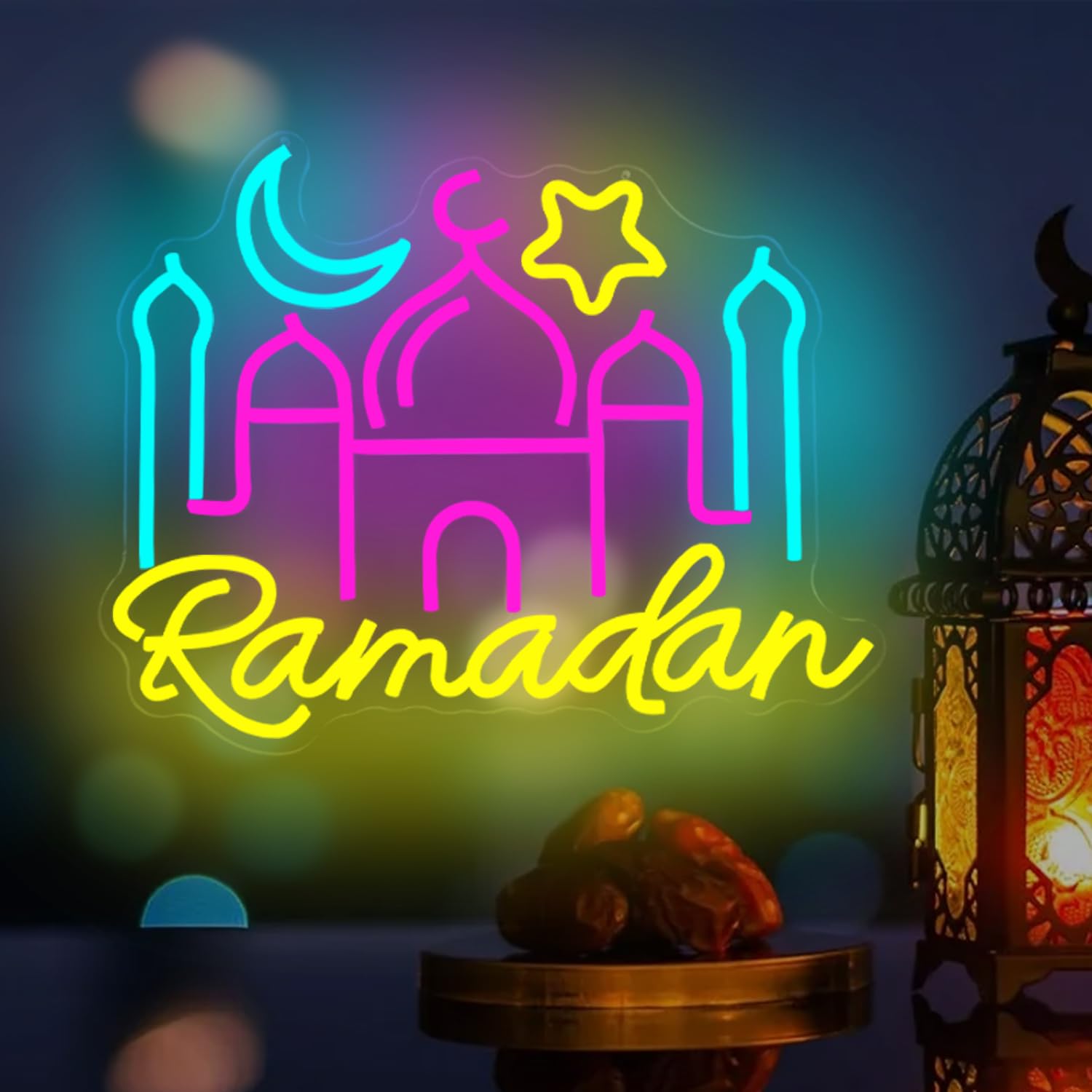 Ramadan Neon Sign Ramadan Decorations for Home Dimmable Neon Lights Mosque Led Sign Muslim Islamic Wall Decor Light Up Sign Ramadan Gifts for Kids Women