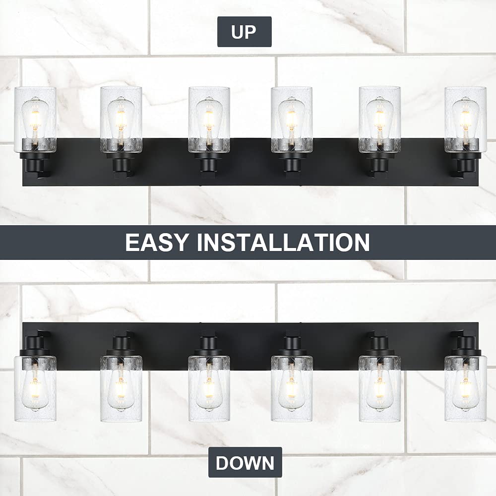 Winshen Modern Bathroom Vanity Light 6-Light Lamp In Black, Farmhouse Wall Light Fixture With Seeded Glass Shades Indoor Wall La