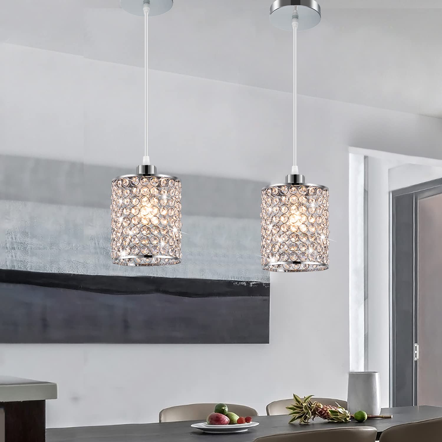 Tislyco Modern Crystal Mini Pendant Light Fixtures, 2 Pack Farmhouse Pendant Lighting Ceiling Hanging Chandelier Over Kitchen Is