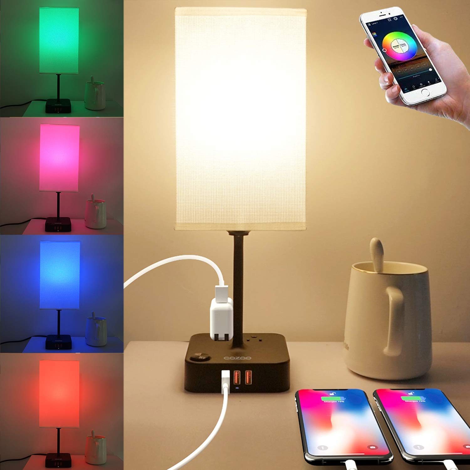 Cozoo Bluetooth/Wifi Rgb & Usb Bedside Table Lamp With 3 Usb Charging Ports And 2 Outlets Power Strip, Led Light Bulb Dimmable, Music Sync Rgb Color Changing Light For Party Home/Bedroom/Living Room