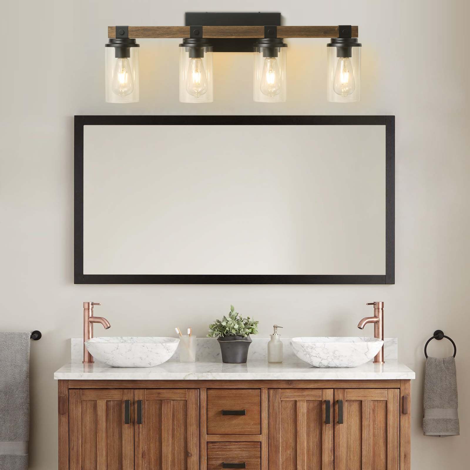 Goyeel 4-Light Farmhouse Bathroom Vanity Light - Rustic Wooden Sconces For Mirror & Hallway