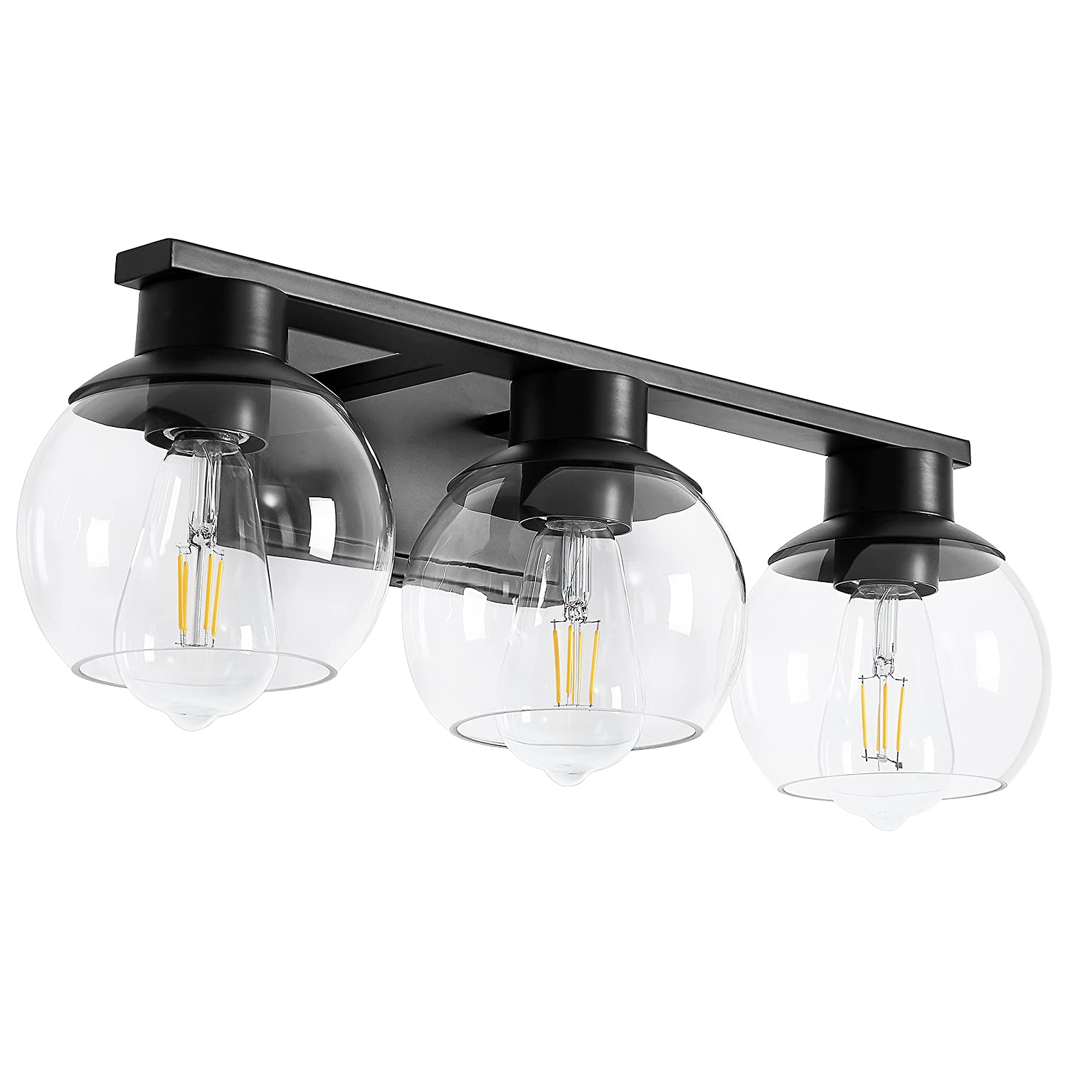 PAZALA 3 Light Vanity Lights for Bathroom, Globe Glass, Matte Black, E26 Base, 22 in, Perfect for Hallway & Mirror Lighting