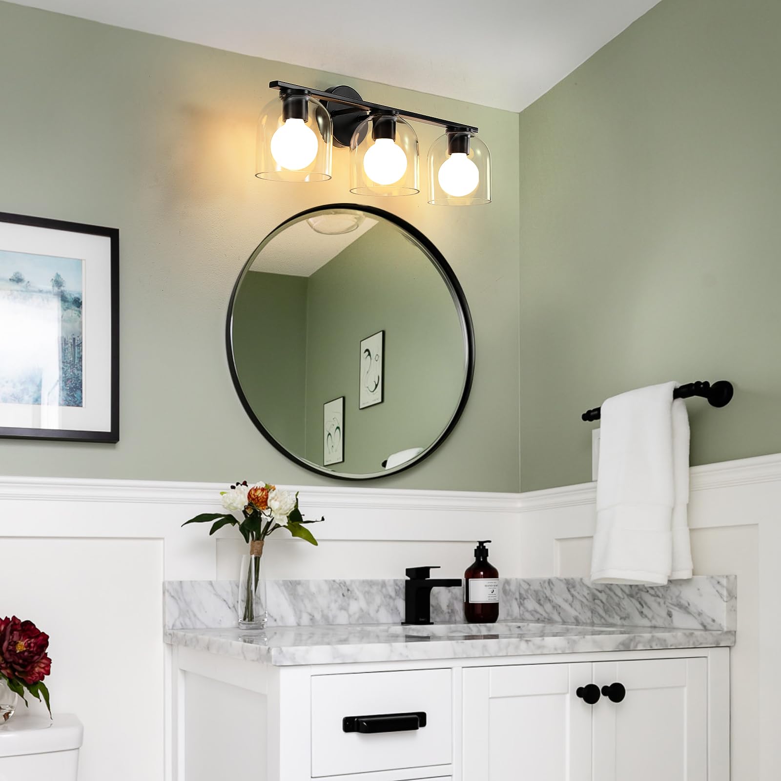 WOSHITU 3-Light Bathroom Vanity Light Fixture, Matte Black, 23.3 Inch, Modern Design with Clear Glass Shade, Model 8202