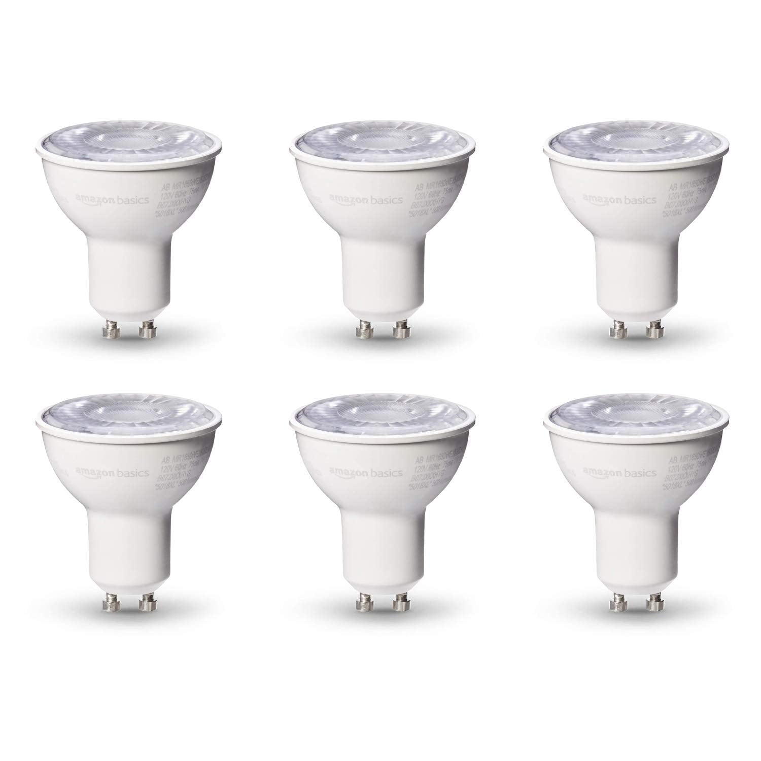 Amazon Basics MR16 LED Light Bulb, 50 Watt Equivalent, Energy Efficient 7W, GU10 Base, Daylight White 5000K, Dimmable, 10,000 Hour Lifetime , 6-Pack