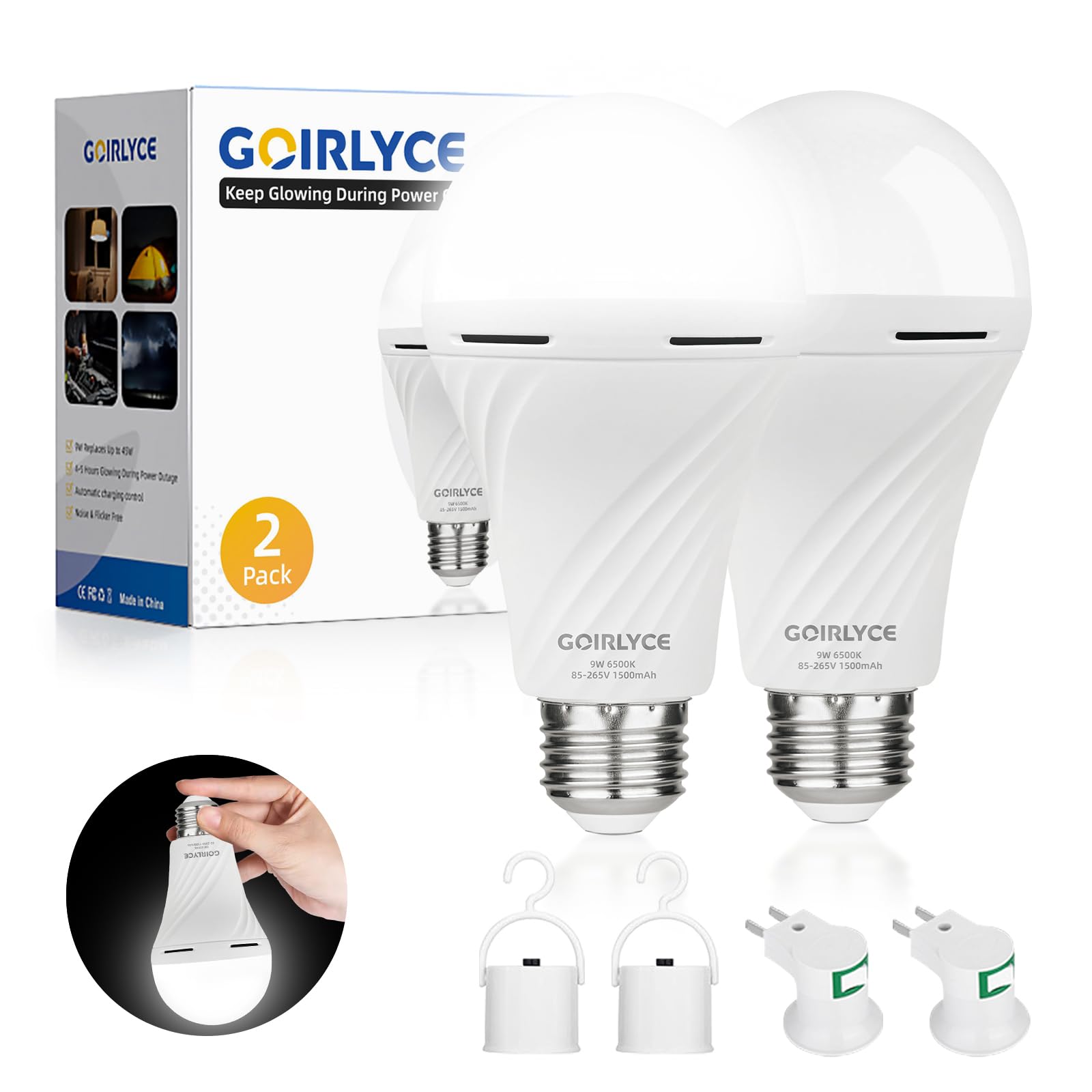 Goirlyce Emergency Rechargeable Light Bulbs, White Battery Operated Light Bulb For Lamps With 9W E27 6500K 1500Mah, 2 Pack Equiv