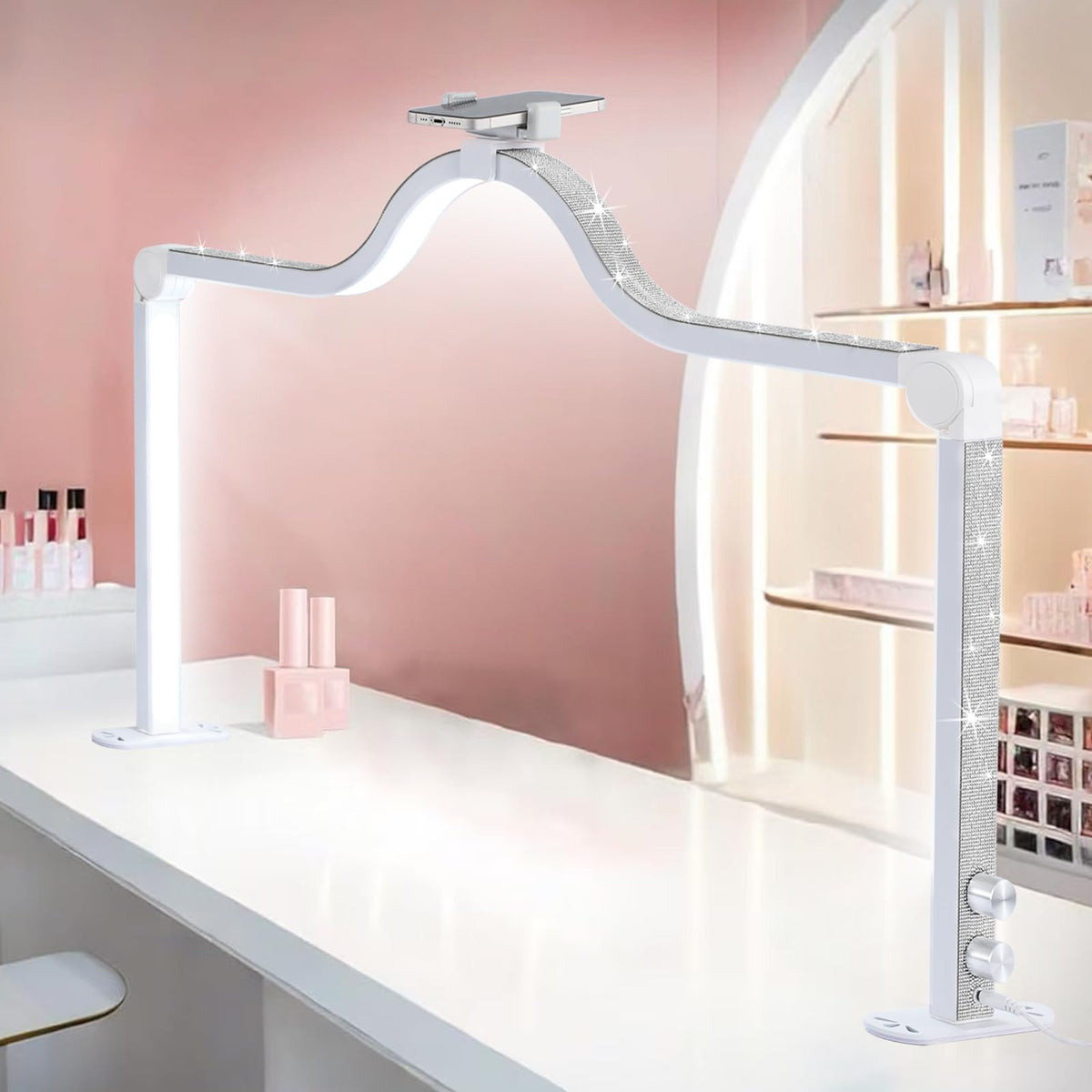 Afatnao Upgraded Nail Tech Lamp for Desk, 34 in Foldable Large Nail Light with Phone Holder, 3 Modes 3000K-6000K LED Manicure La