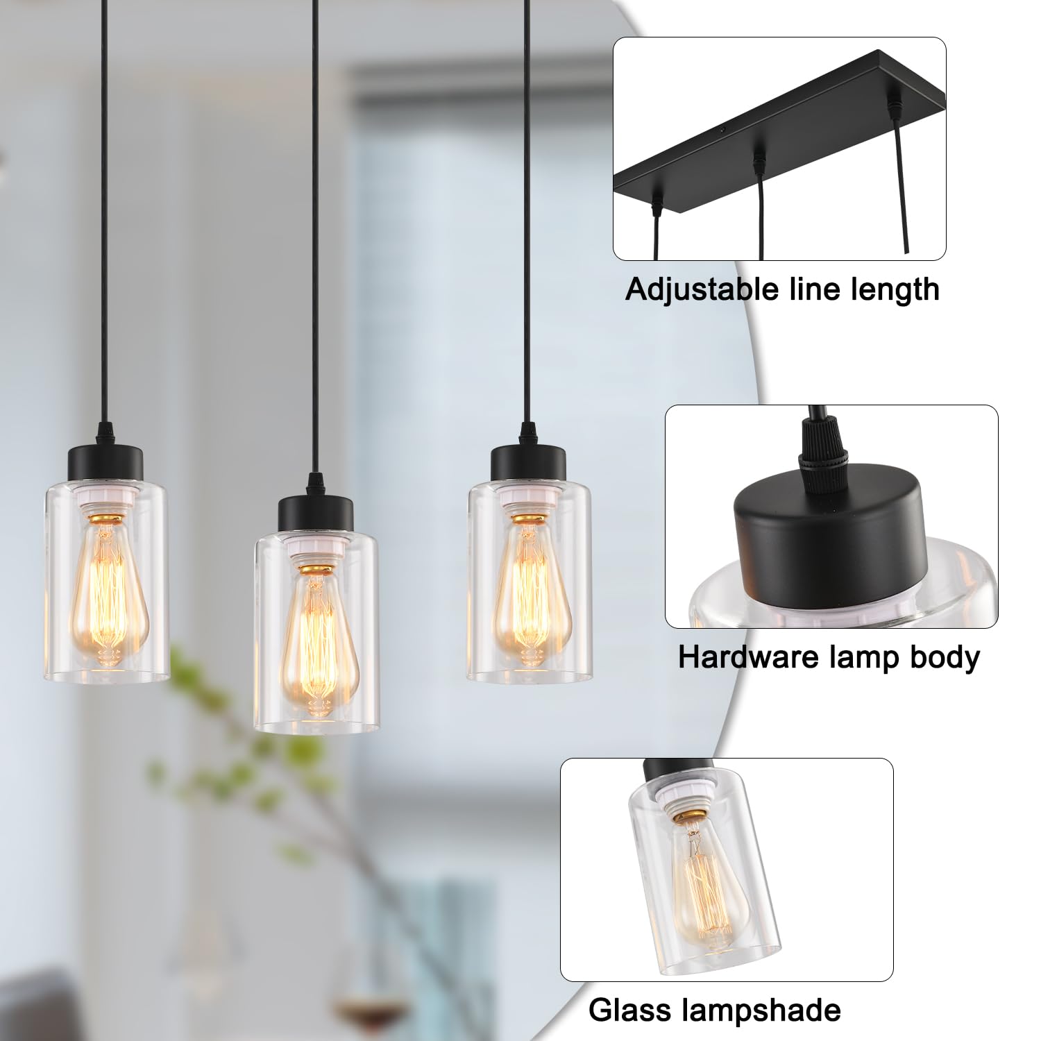 Cafulam Black Chandelier Farmhouse Light Fixtures Over Table  Dining Room Light Fixture Kitchen Island Lighting Chandeliers Modern Pendant Light With Clear Glass Shade Industrial Hanging Lighting
