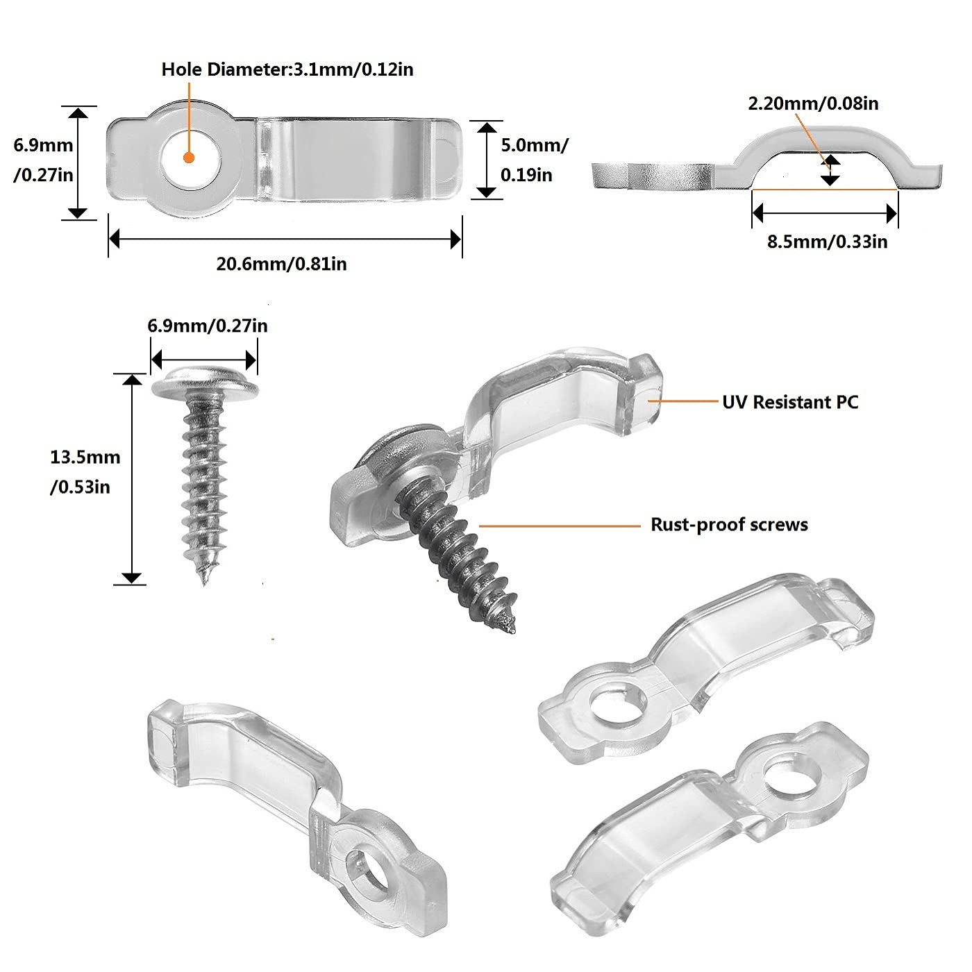 Mmsd 100 Pack Led Strip Light Clips Strip Light Mounting Brackets With 102 Screws Suit For 8Mm Wide Waterproof Strip Light