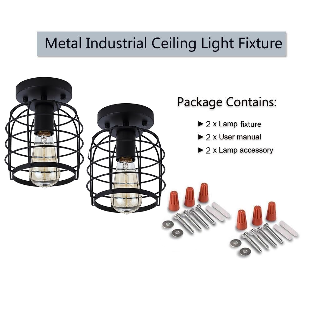Create For Life® Industrial Vintage Flush Mount Ceiling Light,Rustic Metal Cage Semi Flush Mount Ceiling Lamp Fixture For Hallway Stairway Kitchen Garage, E26, Black Finish,2 Pack