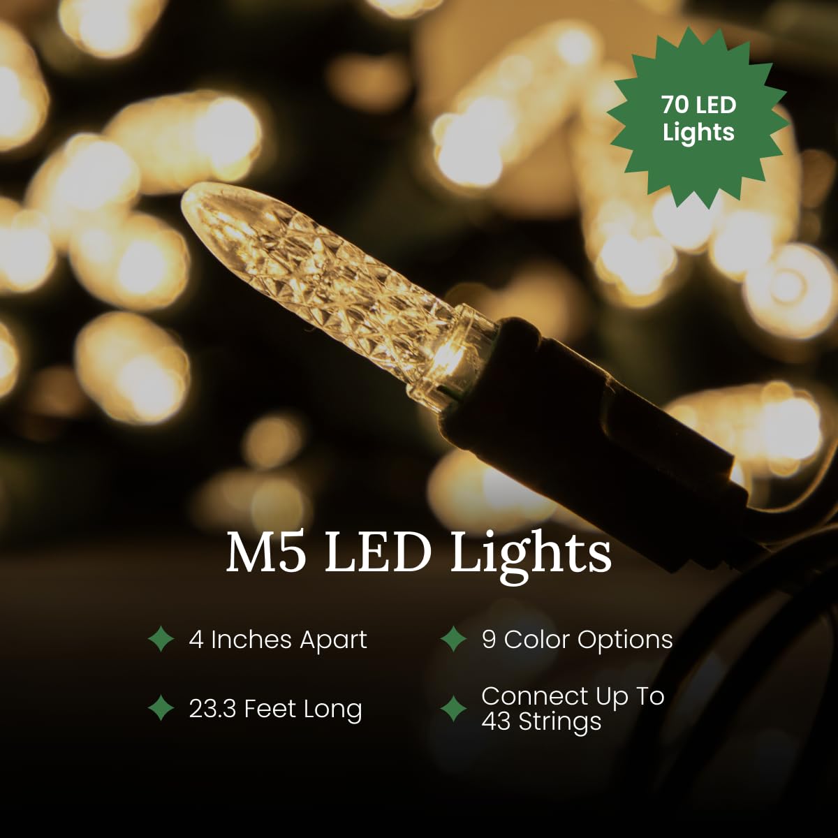 Pro Christmas M5 Led Holiday Lights - 70 Bulbs, 23.3Ft - Professional Grade Indoor Outdoor Diamond Cut Sparkle Light Strings For Home Decorations And Christmas Trees - Green