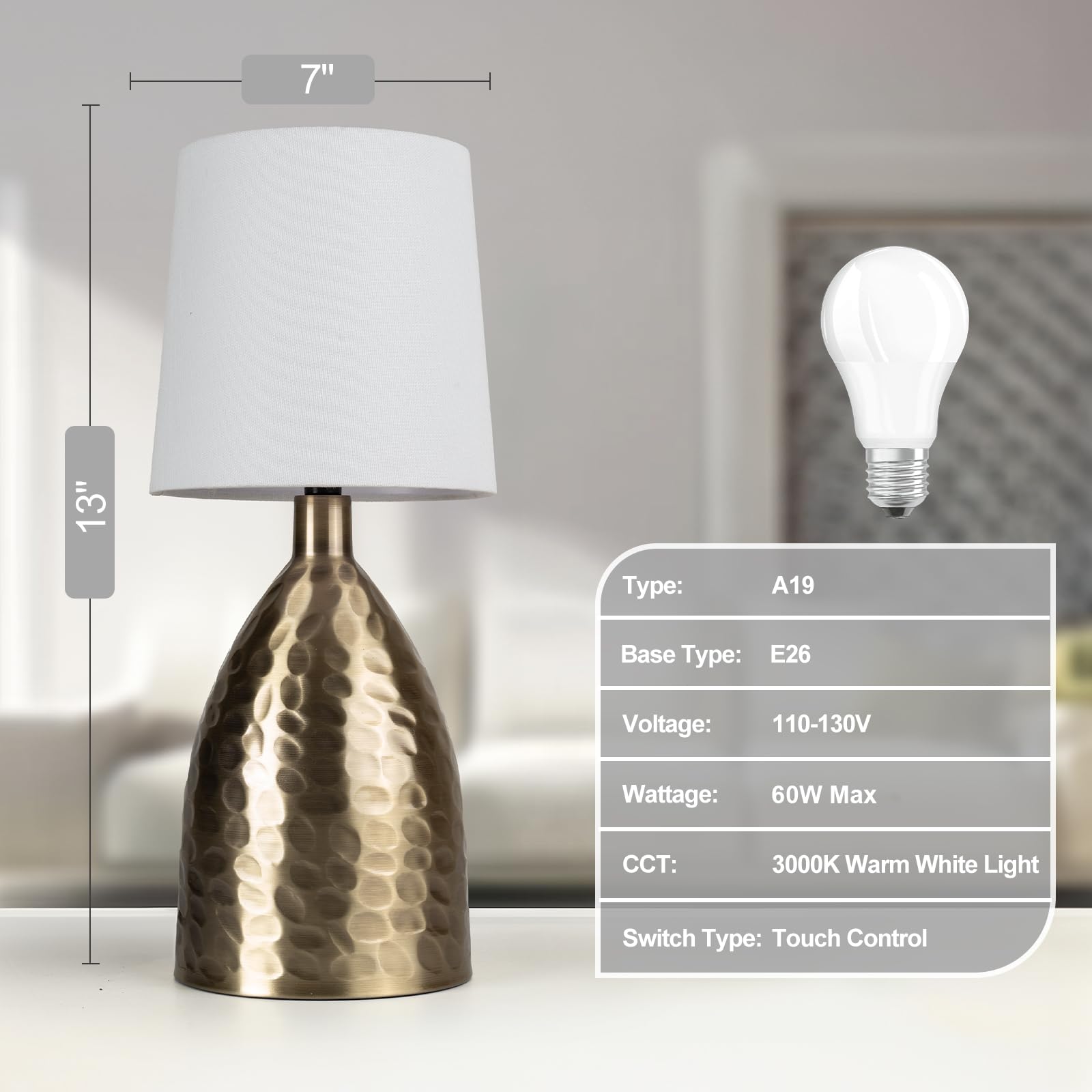 Touch Lamps For Nightstand, Gold Bedside Lamp Touch Control For Bedroom With Linen Shade, Mid Century Modern 13 Inch Small Table