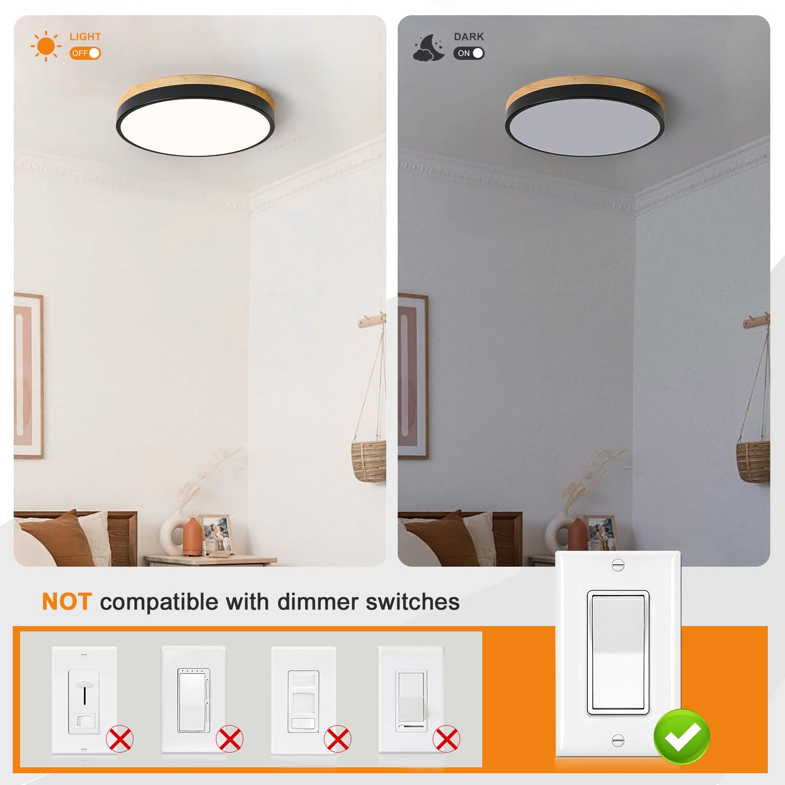 Zuyurt Wood Led Ceiling Light, Modern Black Flush Mount Ceiling Light, Minimalist Close To Ceiling Light Fixture For Bedroom, Ha