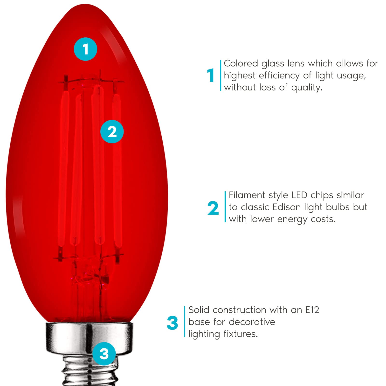 LUXRITE E12 LED Filament Bulbs, Red Glass, 4.5W (40W Equivalent), Candelabra, UL Listed, 2 Count