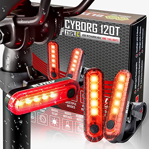 BLITZU USB-C Rechargeable Bike Tail Light 2 Pack, Bright Red LED Safety Flashlight for Night Riding, 4 Light Modes