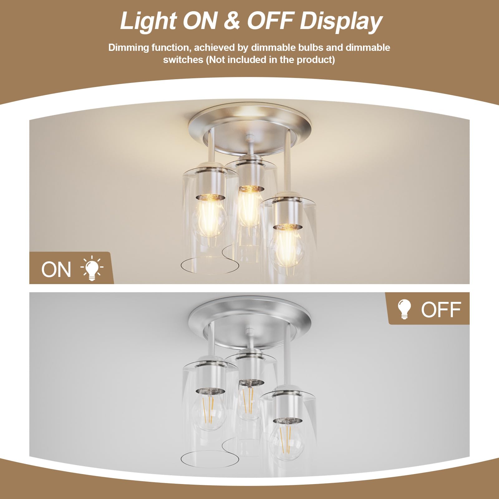 Semi Flush Mount Ceiling Light - 3-Light Ceiling Light Fixtures, Kitchen Lighting Fixtures Ceiling With Clear Glass Shades, Light Fixtures Ceiling Mount For Hallway, Foyer Entryway, Bedroom (Silvery)