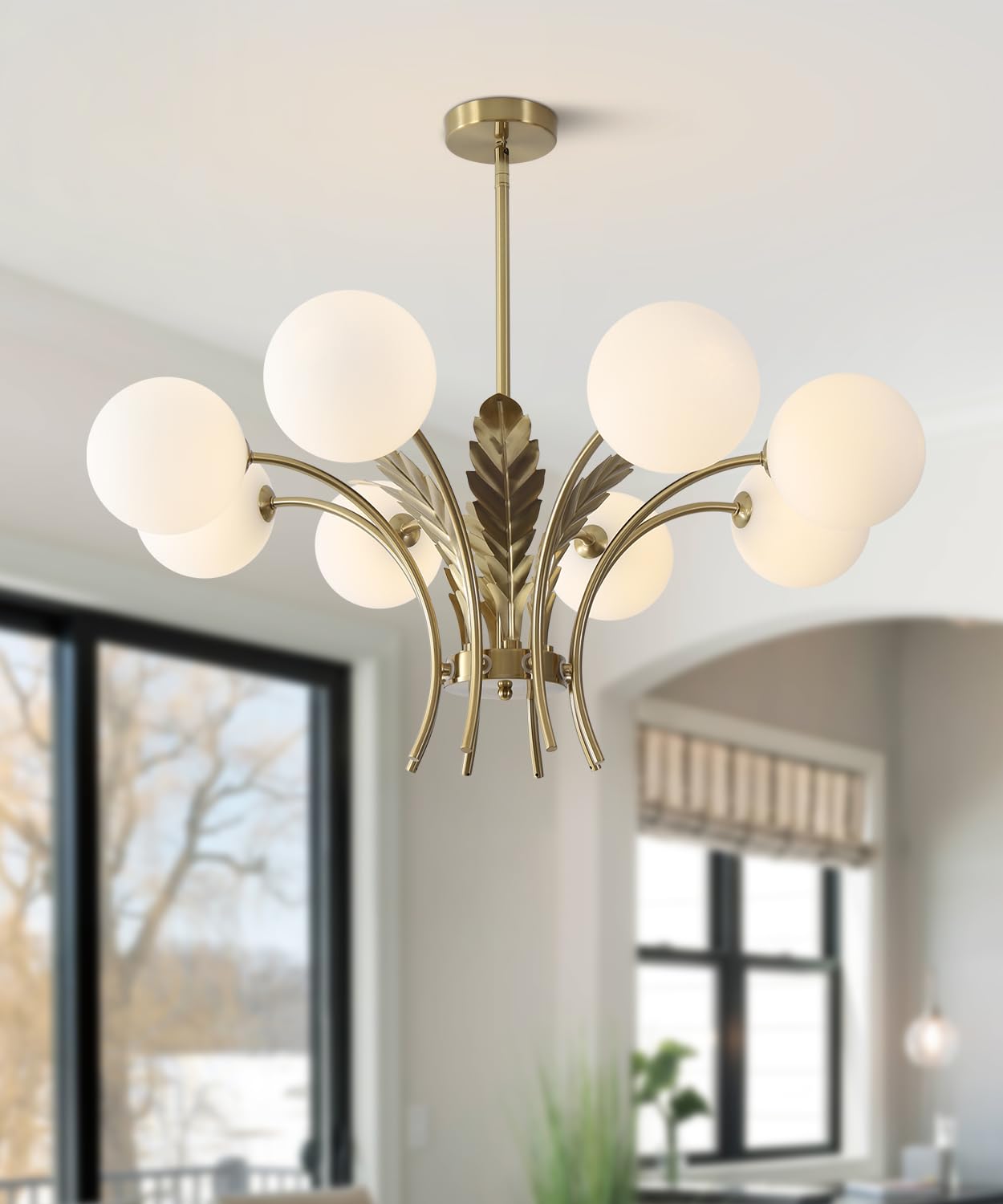 Bokt Gold Semi Flush Mount Ceiling Light Fixture 8 Ball Brass Milk Glass Sphere Sputnik Farmhouse Chandelier Hanging Kitchen Lig