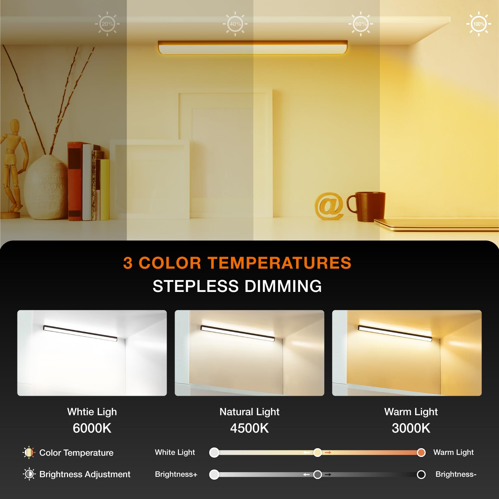 MEKKLEON Under Cabinet Lights, Magnetic Rechargeable Light Bar, 20 CM, Black, Model LB55, Wireless for Kitchen, Wardrobe, Shelf