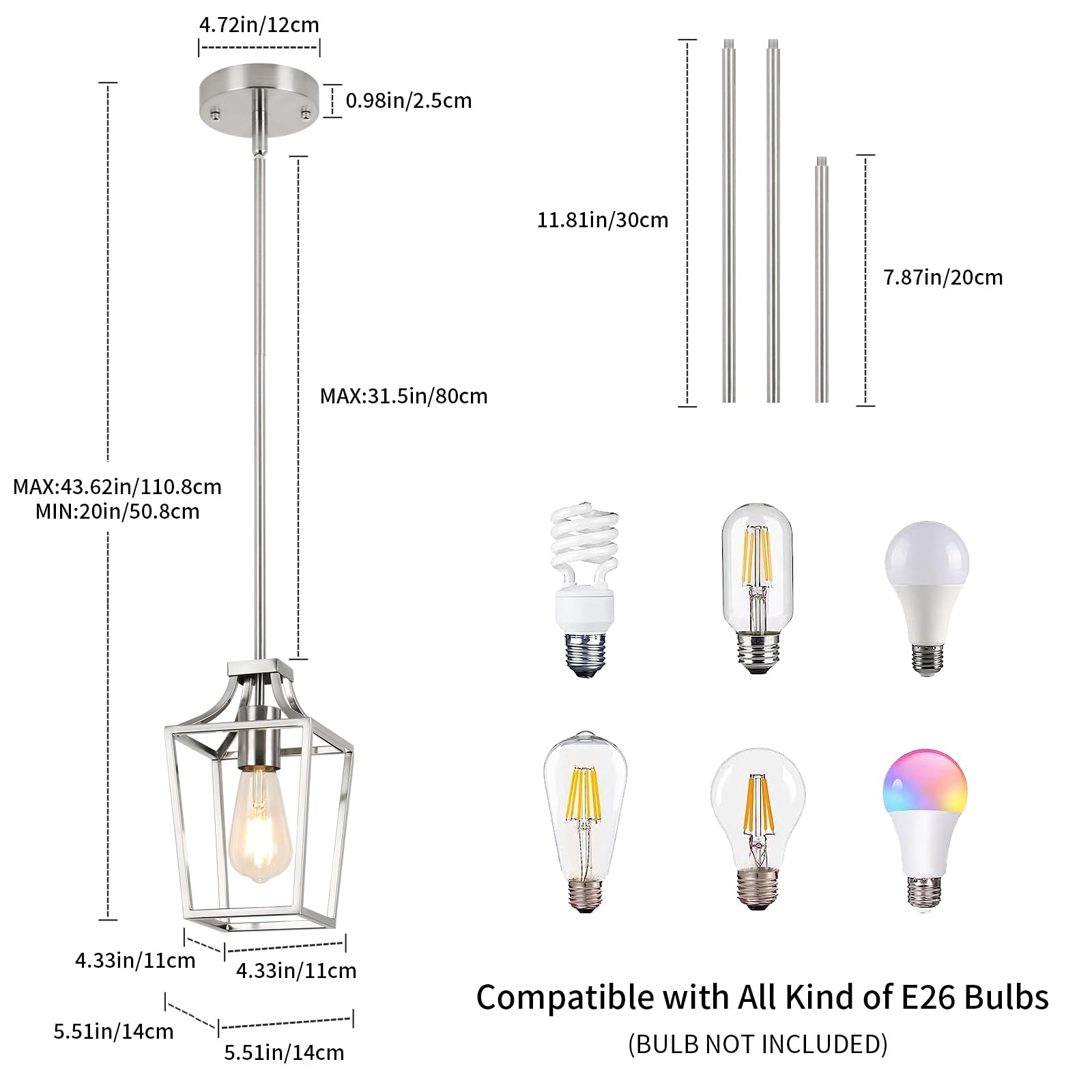 Foucasal Brushed Nickel Pendant Light Lantern Pendant Lights For Kitchen Island Mini Pendant Light Fixture, Adjustable Rods Farm