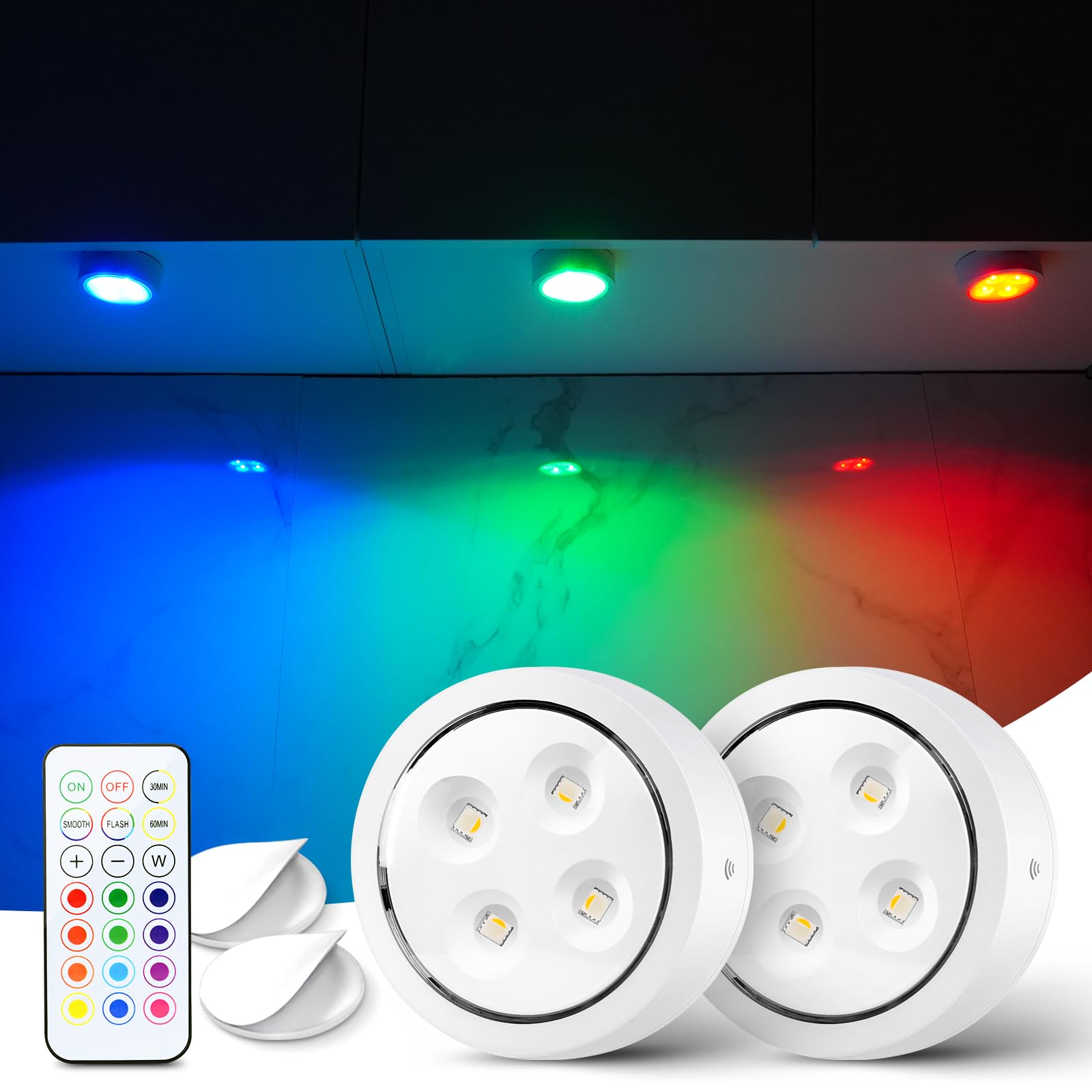 swesara Puck Lights with Remote Under Cabinet Lighting Battery Operated Push Lights Mini Led Lights Above Cabinet Lighting 2 Pac