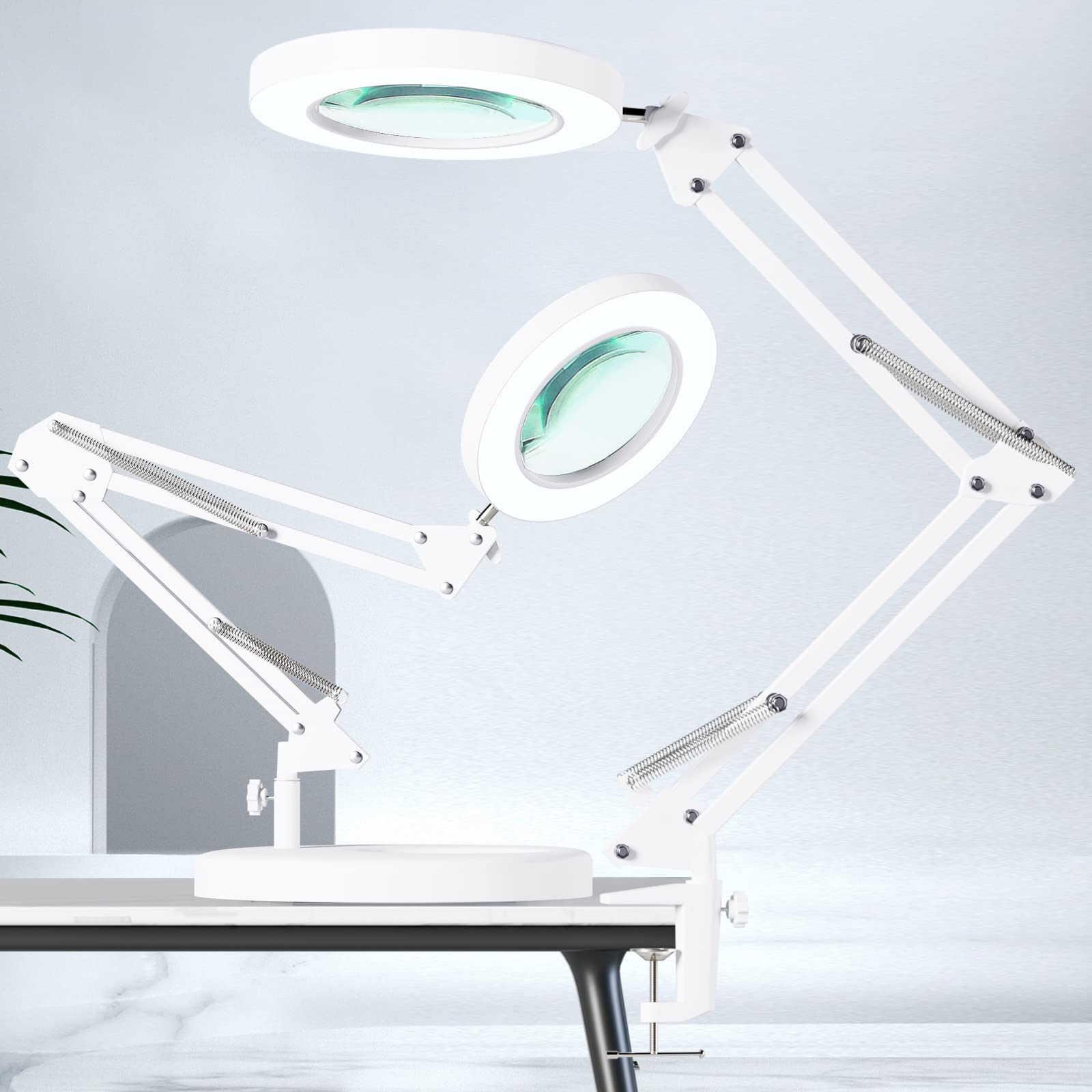10X Magnifying Glass With Light, Hitti 1,800 Lumens Stepless Dimmable, 3 Color Modes, 4.2 Real Glass Lens Led Magnifying Desk Lamp & Clamp, Magnifier Light And Stand For Crafts Close Work-White