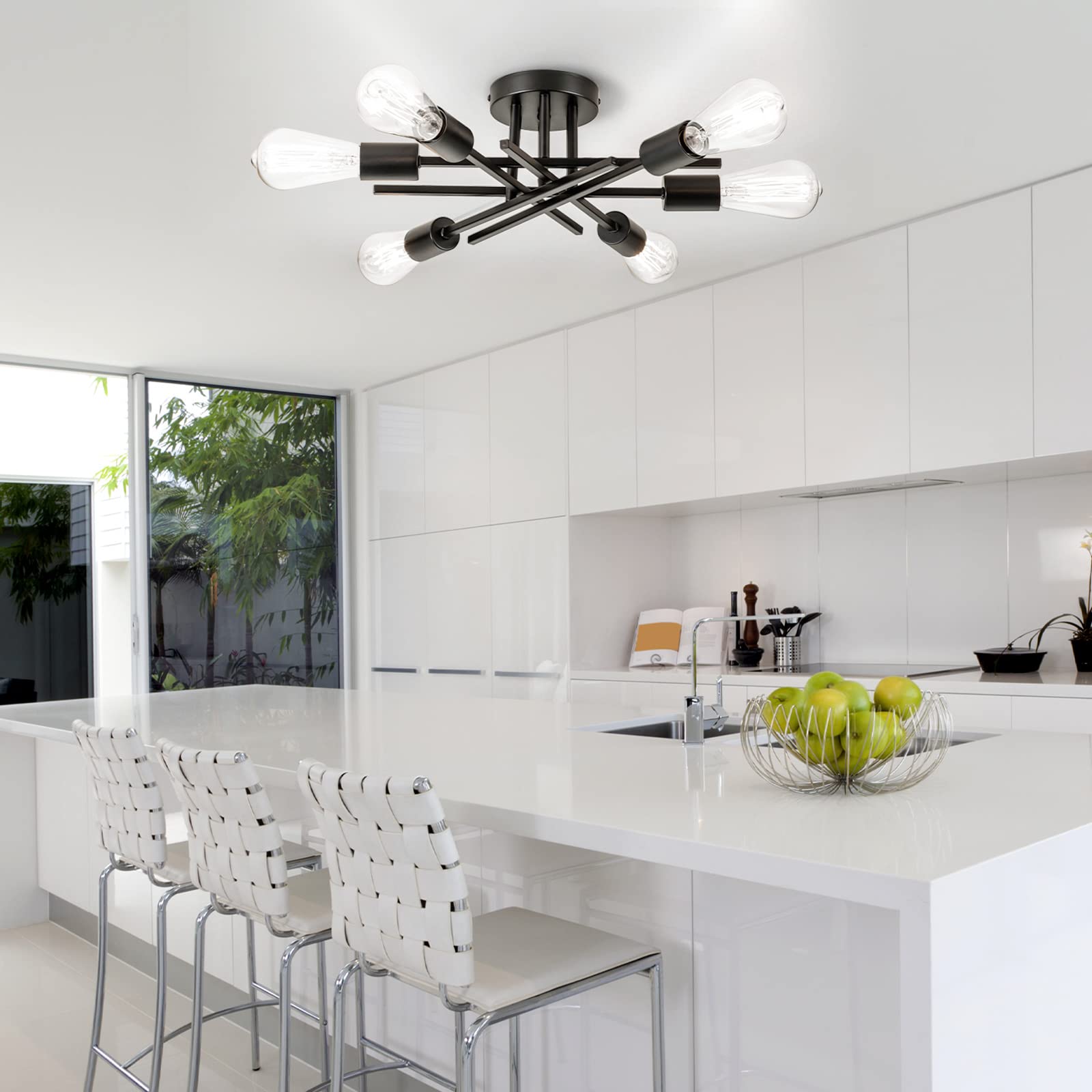 Brknit 6-Light Sputnik Chandelier - Modern Semi Flush Mount Ceiling Light For Kitchen & Living Room