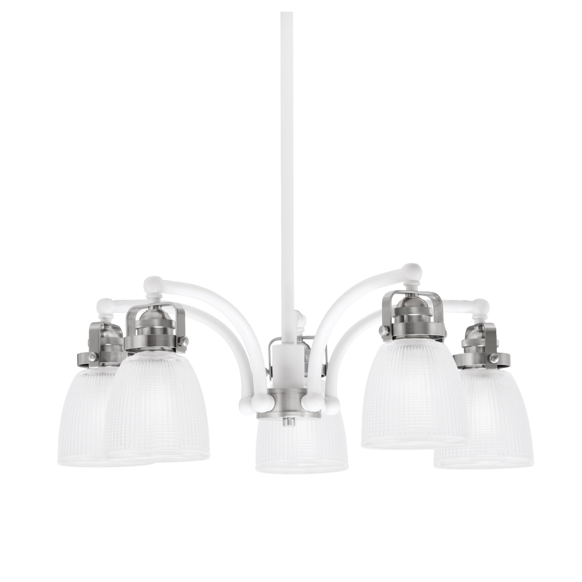 Easton Downlight, 5 Light, Chandelier Shown In White & Brushed Nickel Finish With 5&quot; Clear Ribbed Glass