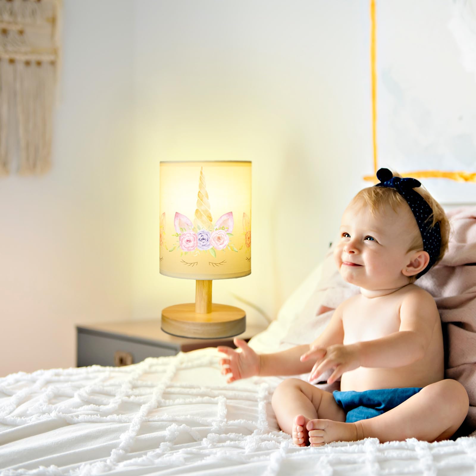 Vihose Unicorn Table Lamp For Bedroom Kids Bedside Lamp With Linen Wooden Nightstand Lamp Cartoon Nursery Lamp Lampshade For Gir