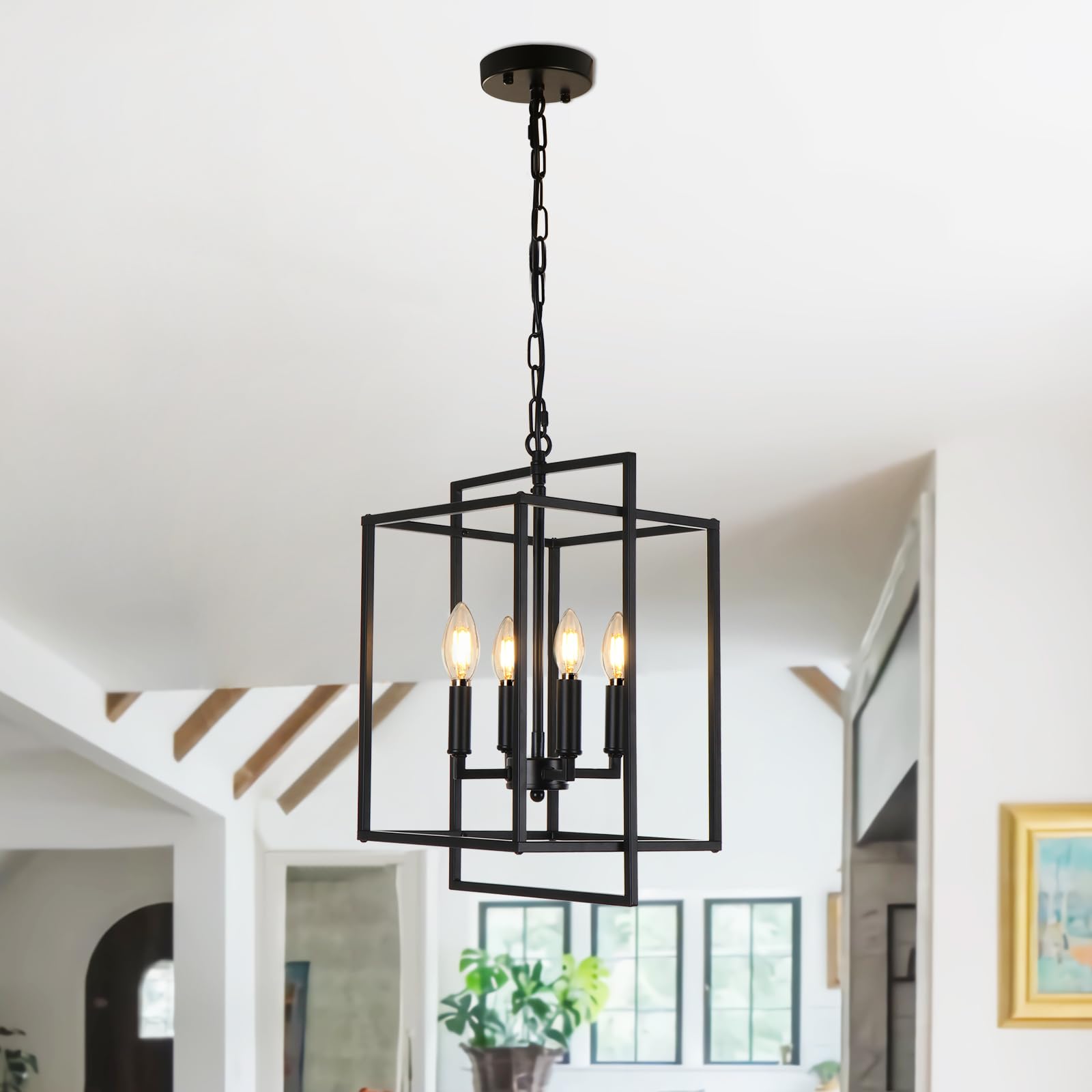 Kmaipem Vintage Black Chandelier, 4-Light Farmhouse Chandeliers For Dining Room, Modern Metal Geometric Lantern Hanging Pendant 