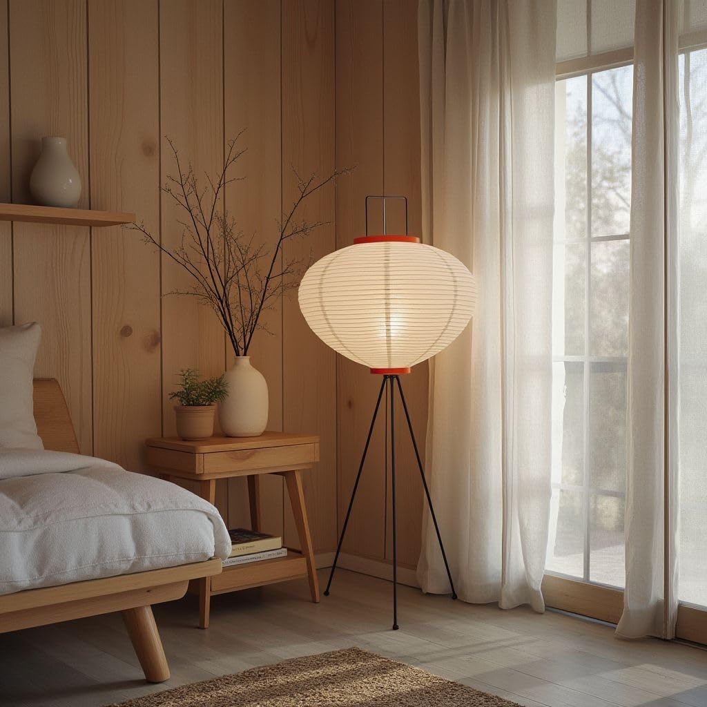 Japanese Decor Lantern  Cozy Japandi Style Light  Rice Paper Ambient Lamp  Off-White Floor Lantern