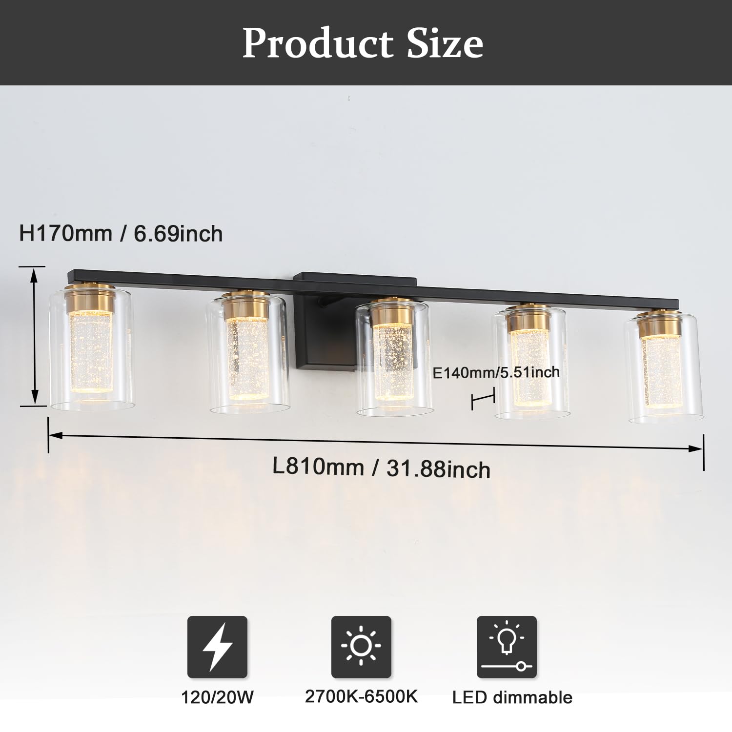 Emong 5-Light Black&Gold Bathroom Light Fixtures,Dimmable 5Cct Led Vanity Lights With Clear Glass,2700K-6500K Adjustable Crystal Bubble Black Bathroom Vanity Light Over Mirror For Hallway