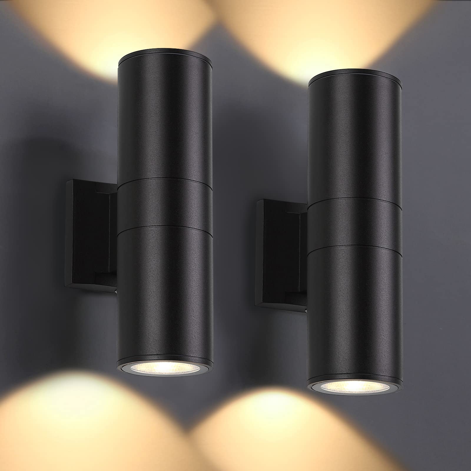 DAKAFUL Outdoor Wall Lights, 12W Integrated LED Cylinder, Waterproof, 2 Packs, Black Aluminum