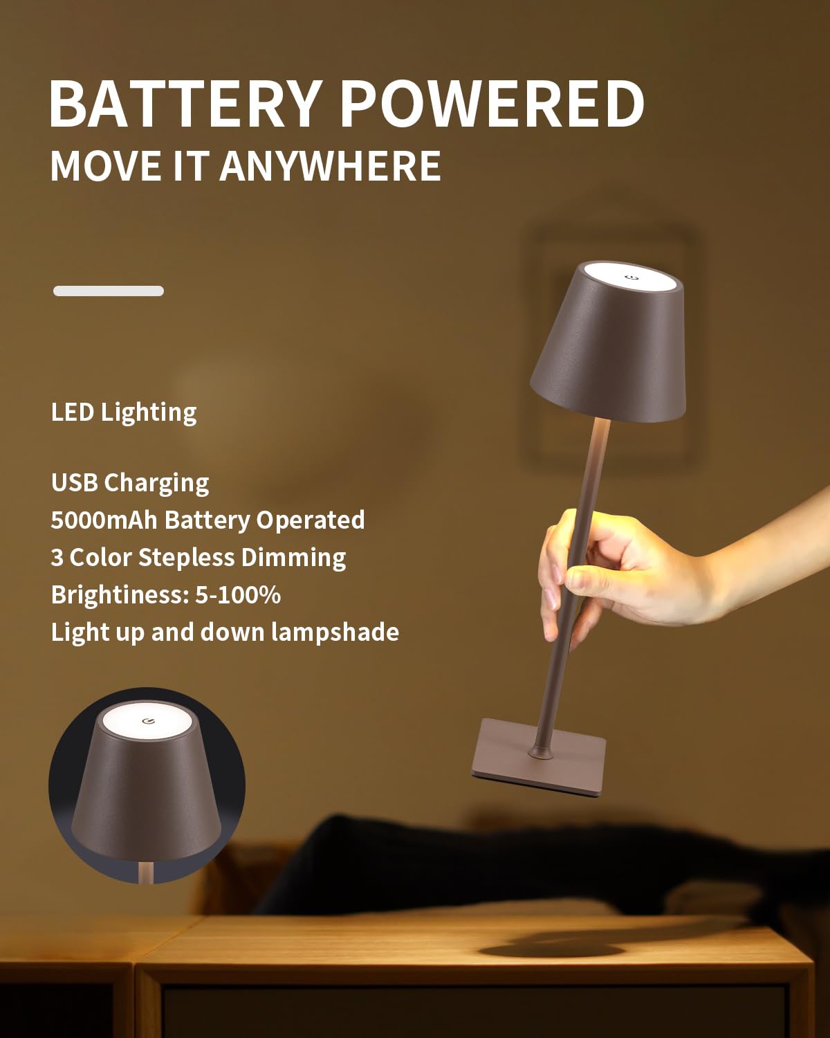 KDG Cordless Table Lamp - Portable LED, 5000mAh Battery, 3 Color Dimming, Brown, Model AMZ-TBL-003-2-BR