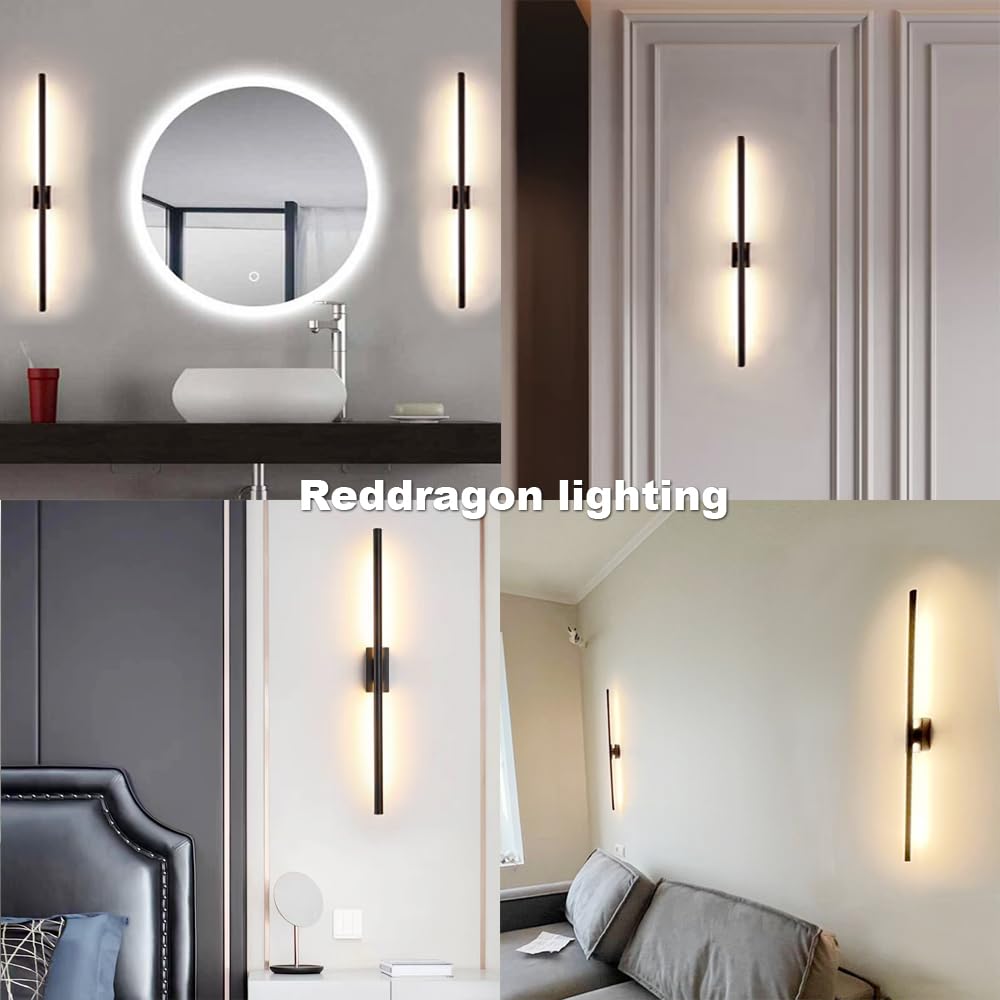 Reddragon Lighting 32" Hardwired Dimmable Black Tube Wall Sconce Set of 2 for Bathroom, Bedroom, Living Room, Hallway