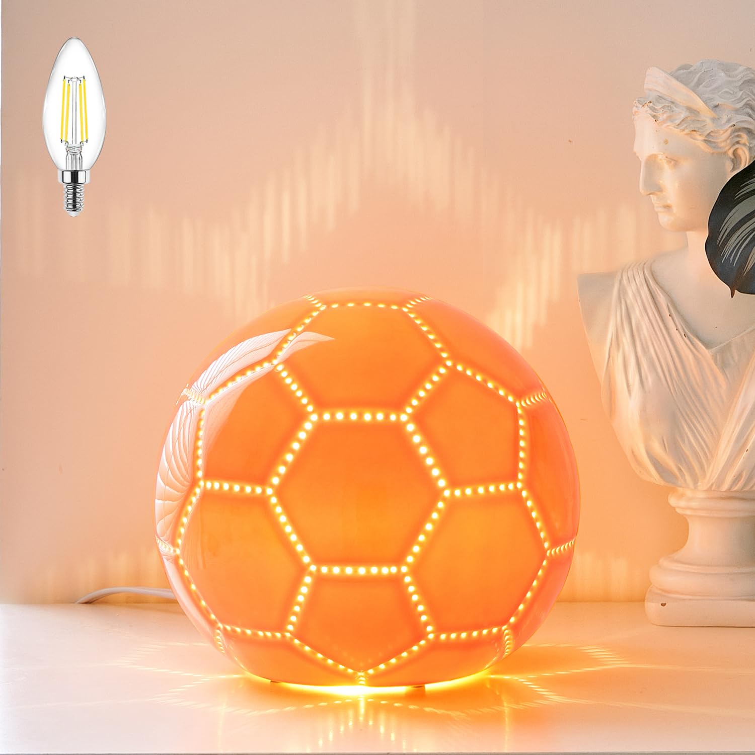 BOHON Light up Soccer Ball Size 5, Ceramic Bedside Table Lamp, Orange Kids Night Light, Sport Stuff Soccer Gifts for Boys Girls 
