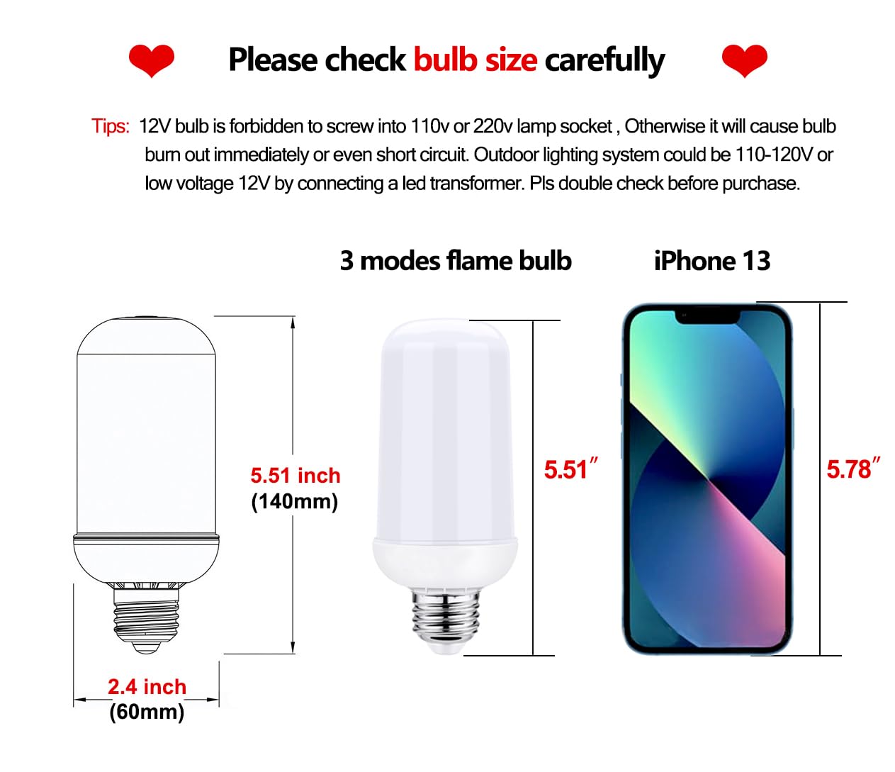 Wirleben 12V LED Flame Flickering Bulb, E26 Screw Base, Fire Retardant Plastic, 1 Count, Orange for Outdoor Decoration