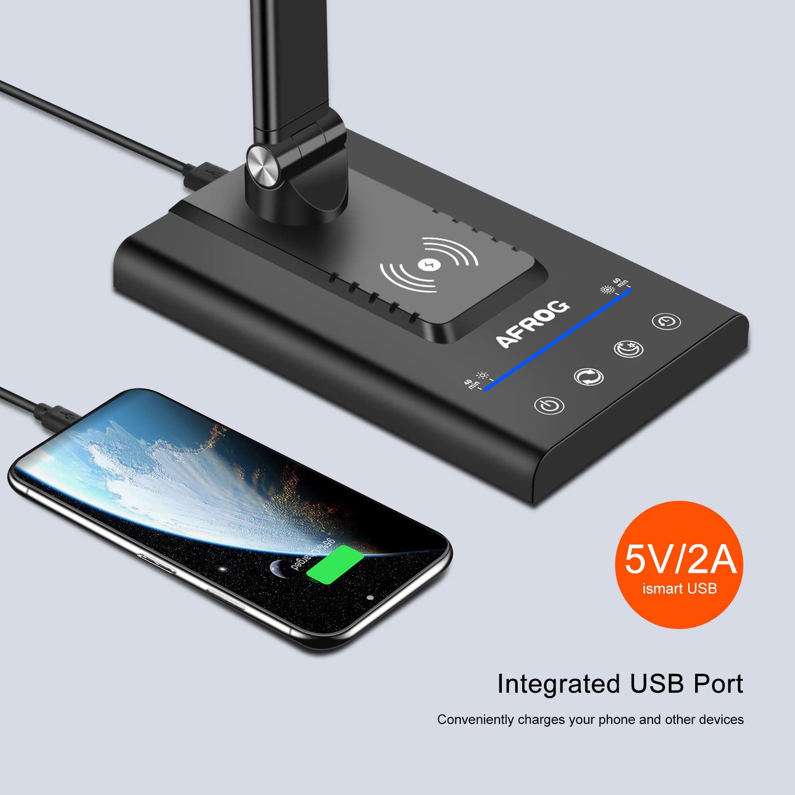 AFROG 5th Gen LED Desk Lamp with 10W Wireless Charger, Touch Control, 1800Lux Brightness, Metal, Black 5.0 Pro, Model EK009A