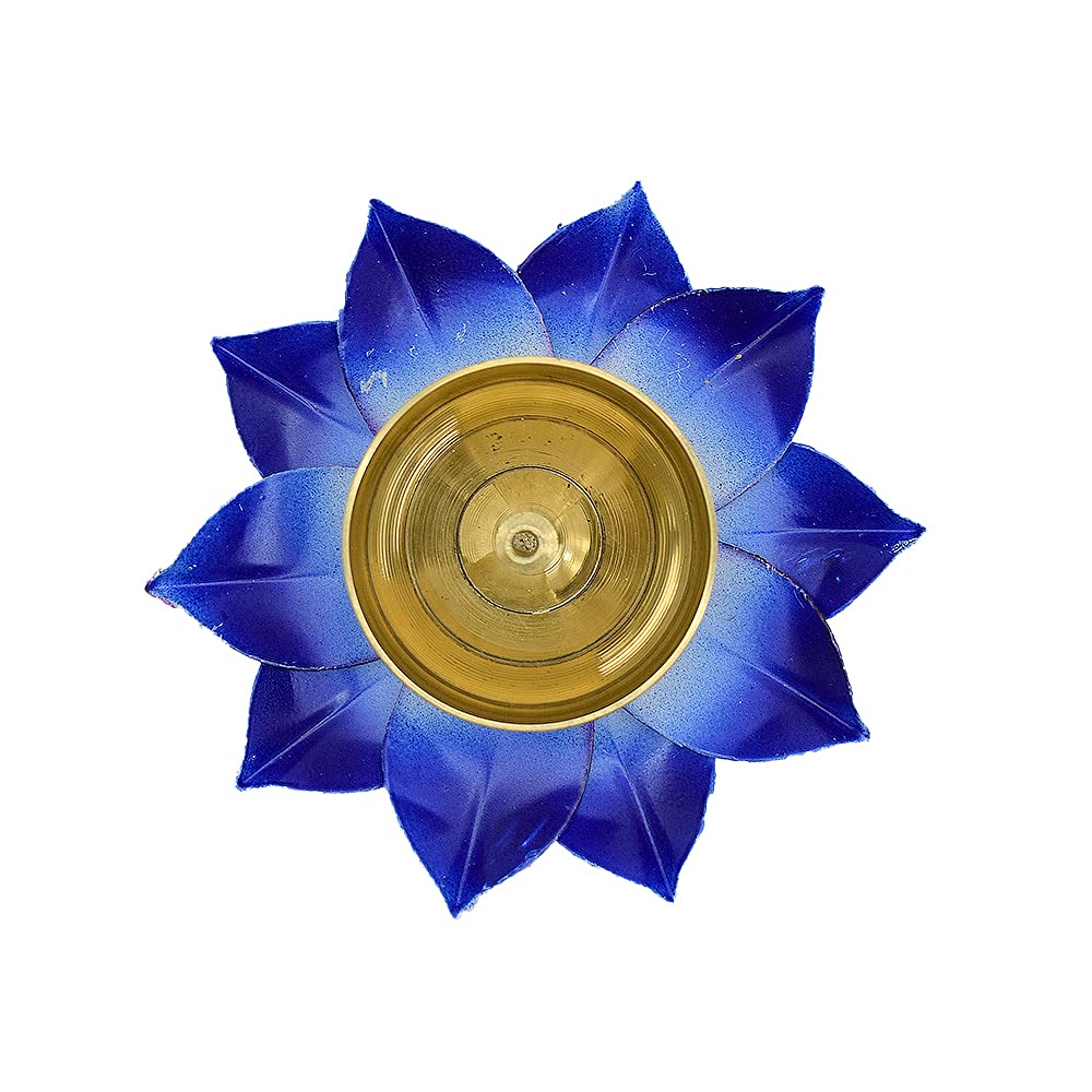 Dalvkot Blue Color Kamal Patta Lotus Design Brass Diyas Oil Lamps for Puja Room Decoration and Diwali Festival Pack of 3