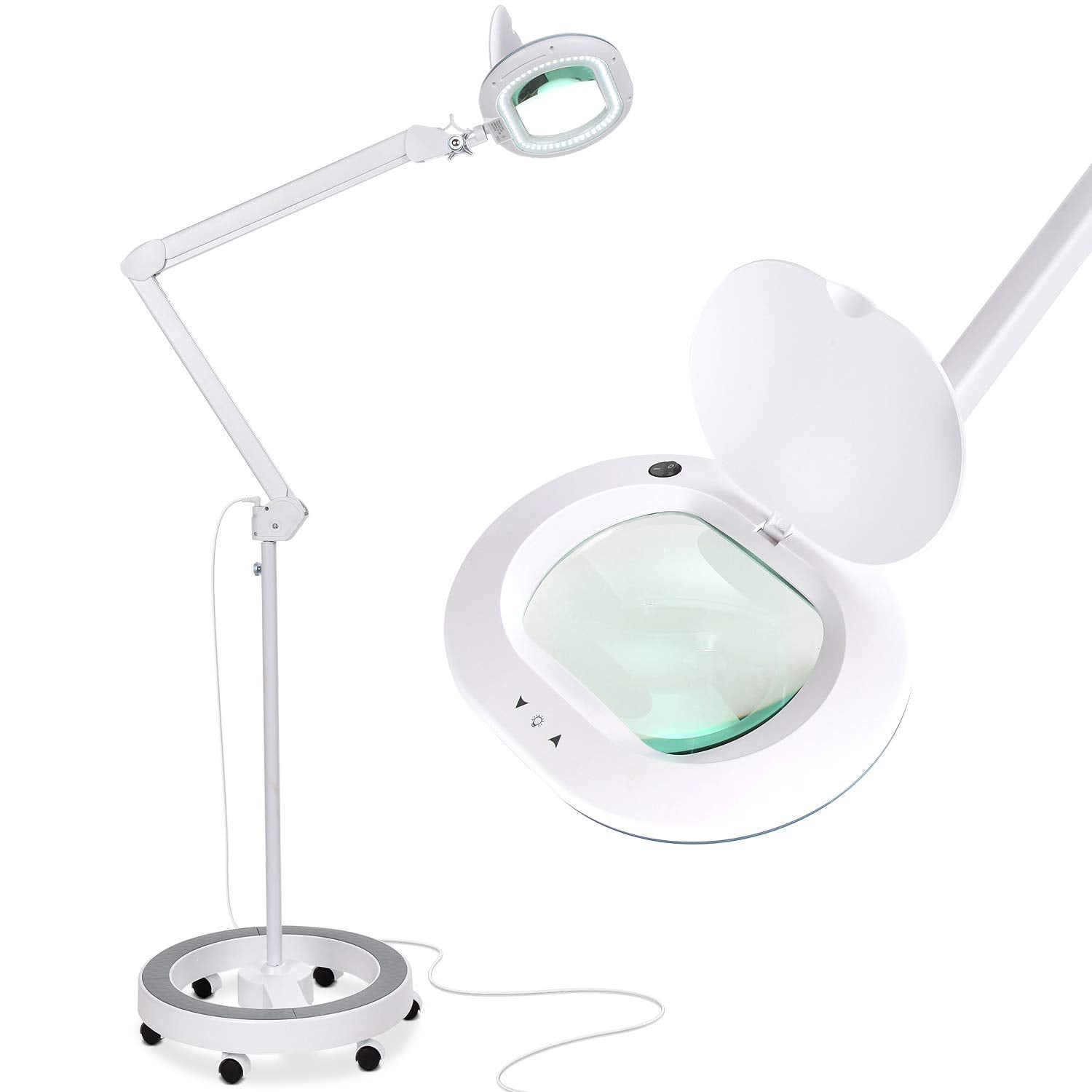 Brightech LightView Pro Magnifying Floor Lamp, 2.25x Magnification, LED, White, Model LTVPRB-W-XL, 6-Wheel Base for Crafts and Fac