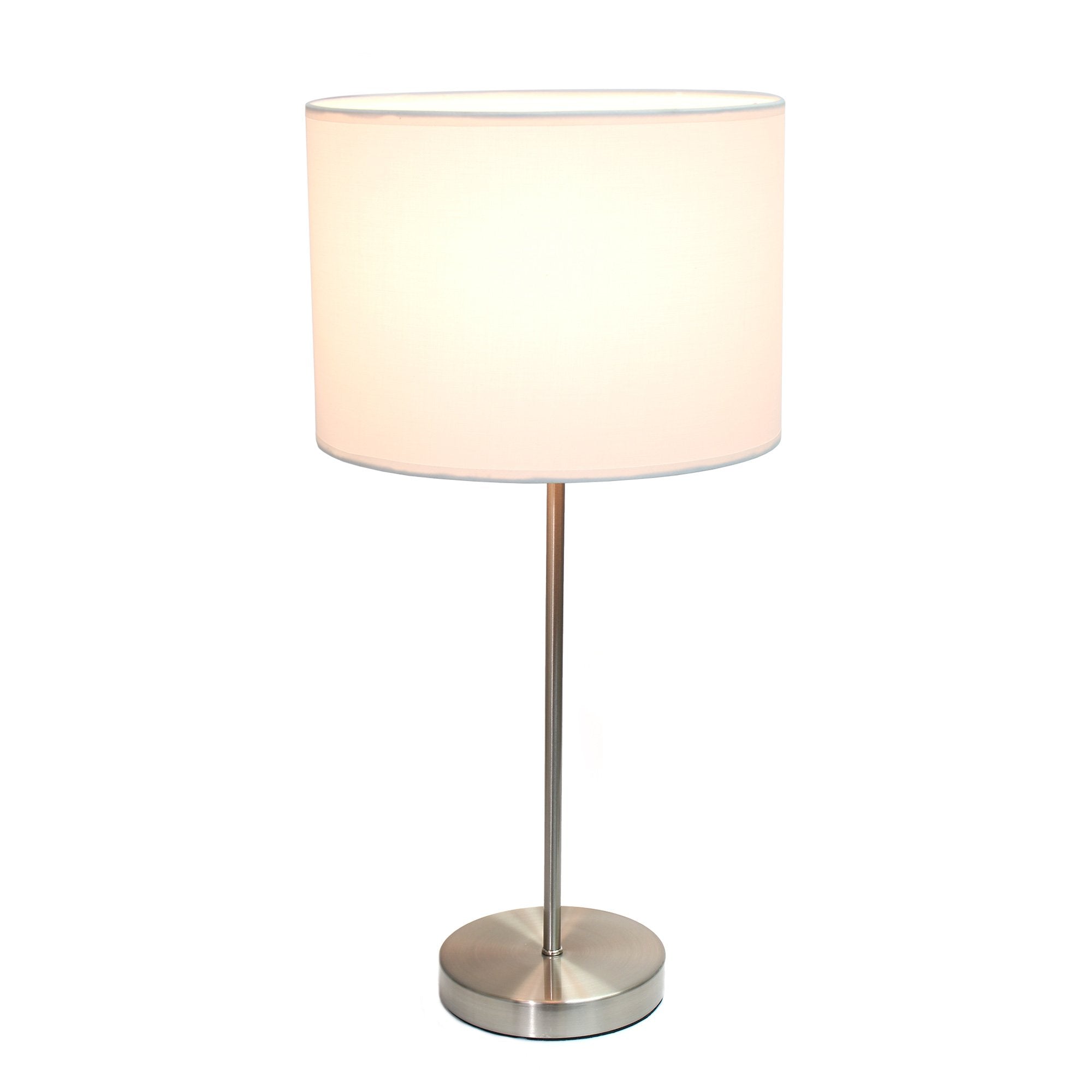 Simple Designs Lt2040-Wht 23" Standard Metal Stick Lamp With Round Base And Drum Fabric Shade For Home Décor, Bedroom, Office, Dorm, Living Room, Entryway, Foyer, Brushed Nickel