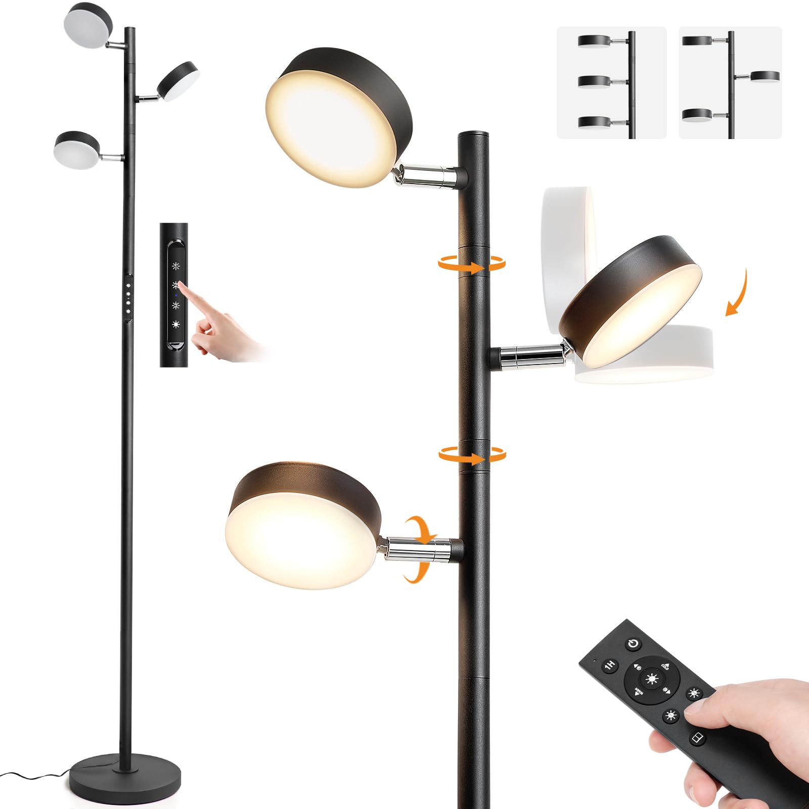 Led Tree Floor Lamp, Dimmable Modern Floor Lamp With Remote & Touch Control, 3 Rotatable Light Floor Lamps With Timer, 4 Color Temperatures, Tall Standing Lamp For Living Room, Bedroom, Office, Black