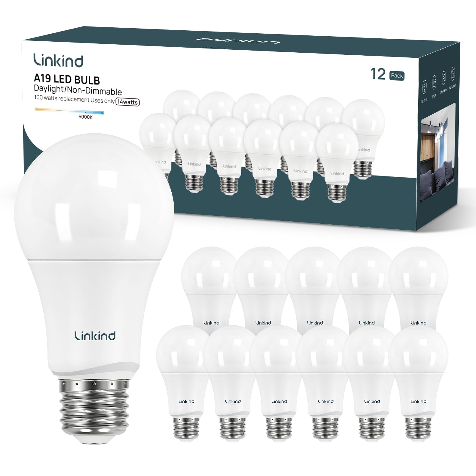 Linkind A19 LED Light Bulb 100W Equivalent 14W 5000K Daylight 1600 Lumens E26 Base 12-Pack Energy Efficient