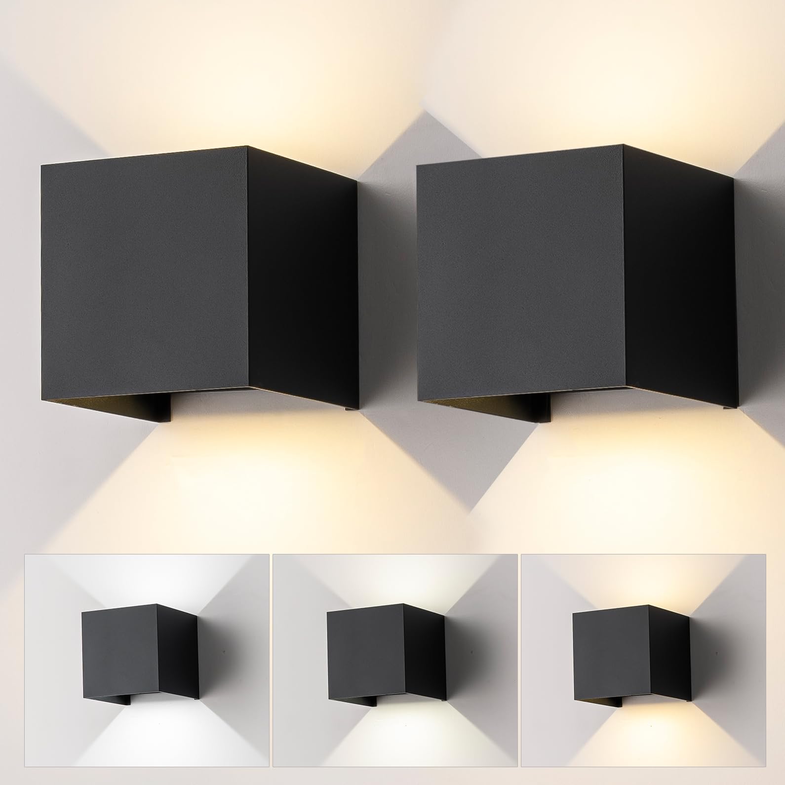 2 Pack LED Outdoor Wall Sconces Exterior/Interior Modern Black Square Aluminum Wall Light Fixture Set Variable Beam IP65 Waterproof Lights.15W 3-Color-Changeable Up and Down Outdoor Lighting Fixtures.