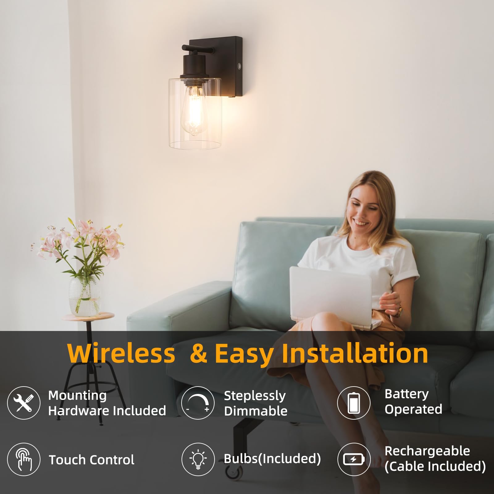 Battery Operated Wall Sconce Set Of 2, Black Wireless Rechargeable Wall Mounted Lamp With Bulb, Modern Dimmable Indoor Non-Hardw