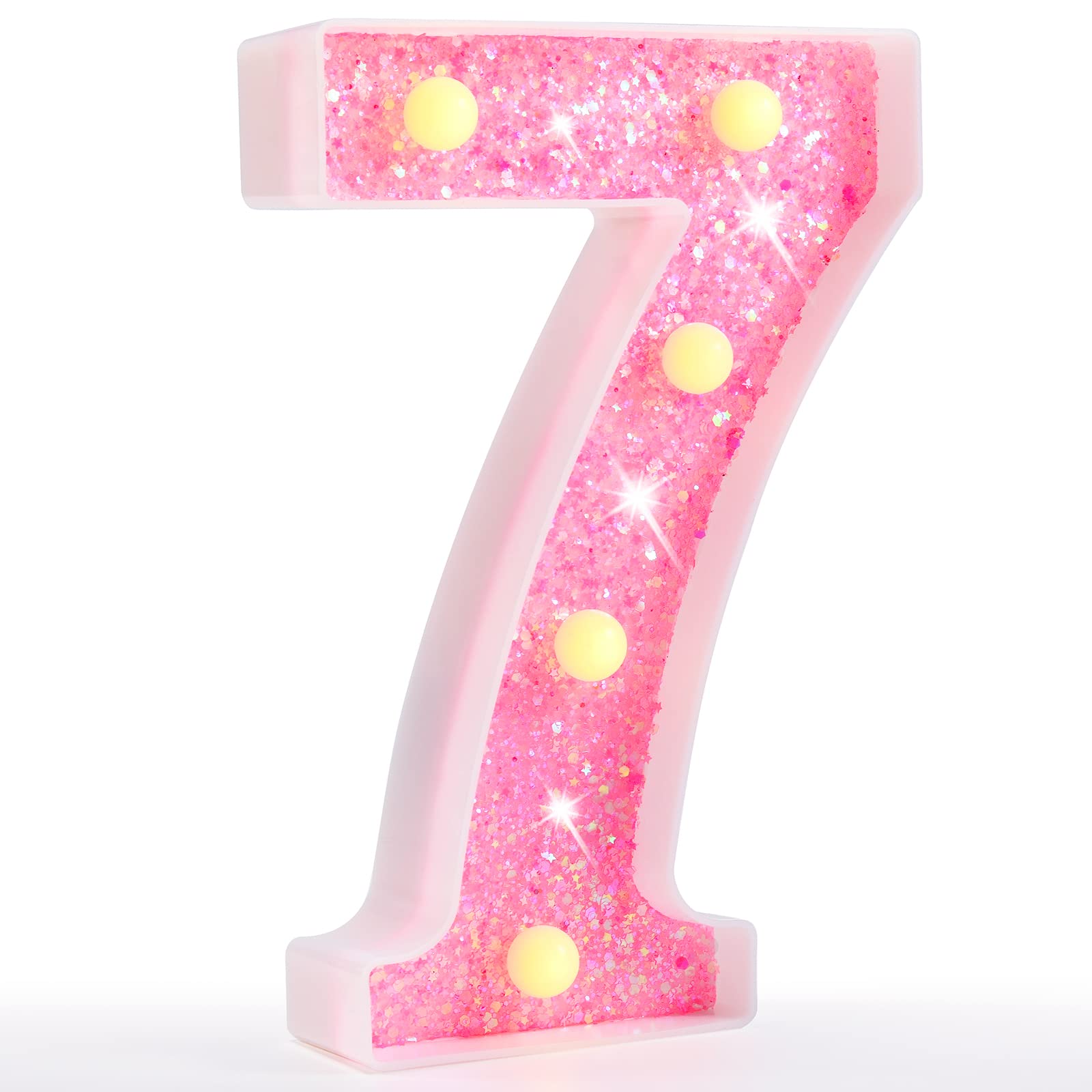 Pooqla Marquee Numbers Lights, Light up Numbers Battery Powered, Glitter Lighted Numbers for Birthday Party, Shiny LED Numbers for Christmas Wedding Home Bar Decoration, Pink Number 7